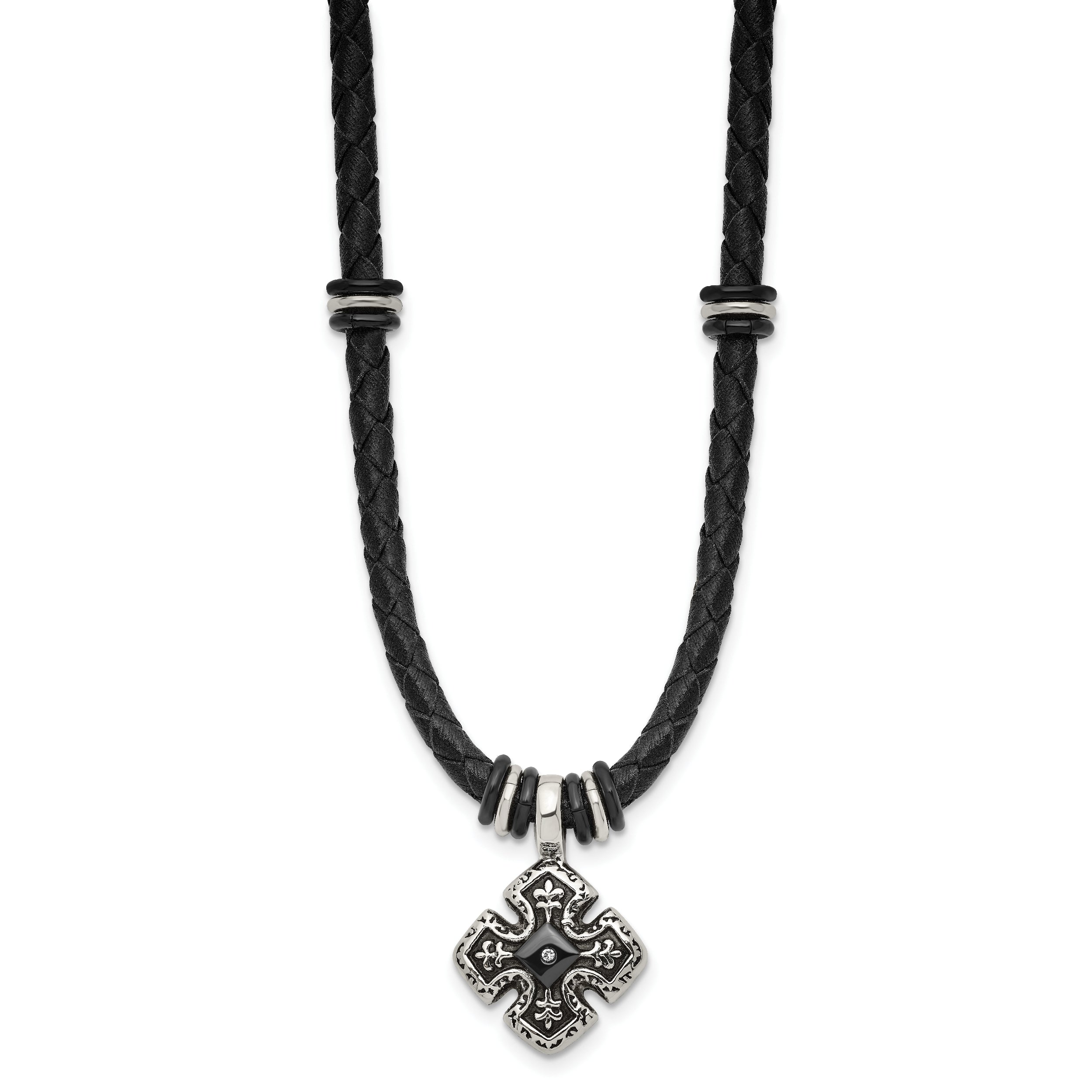 Chisel Stainless Steel Polished Black IP-plated with CZ Black Leather 21 inch Necklace