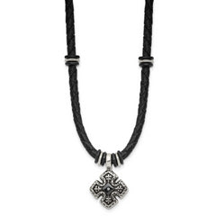 Chisel Stainless Steel Polished Black IP-plated with CZ Black Leather 21 inch Necklace