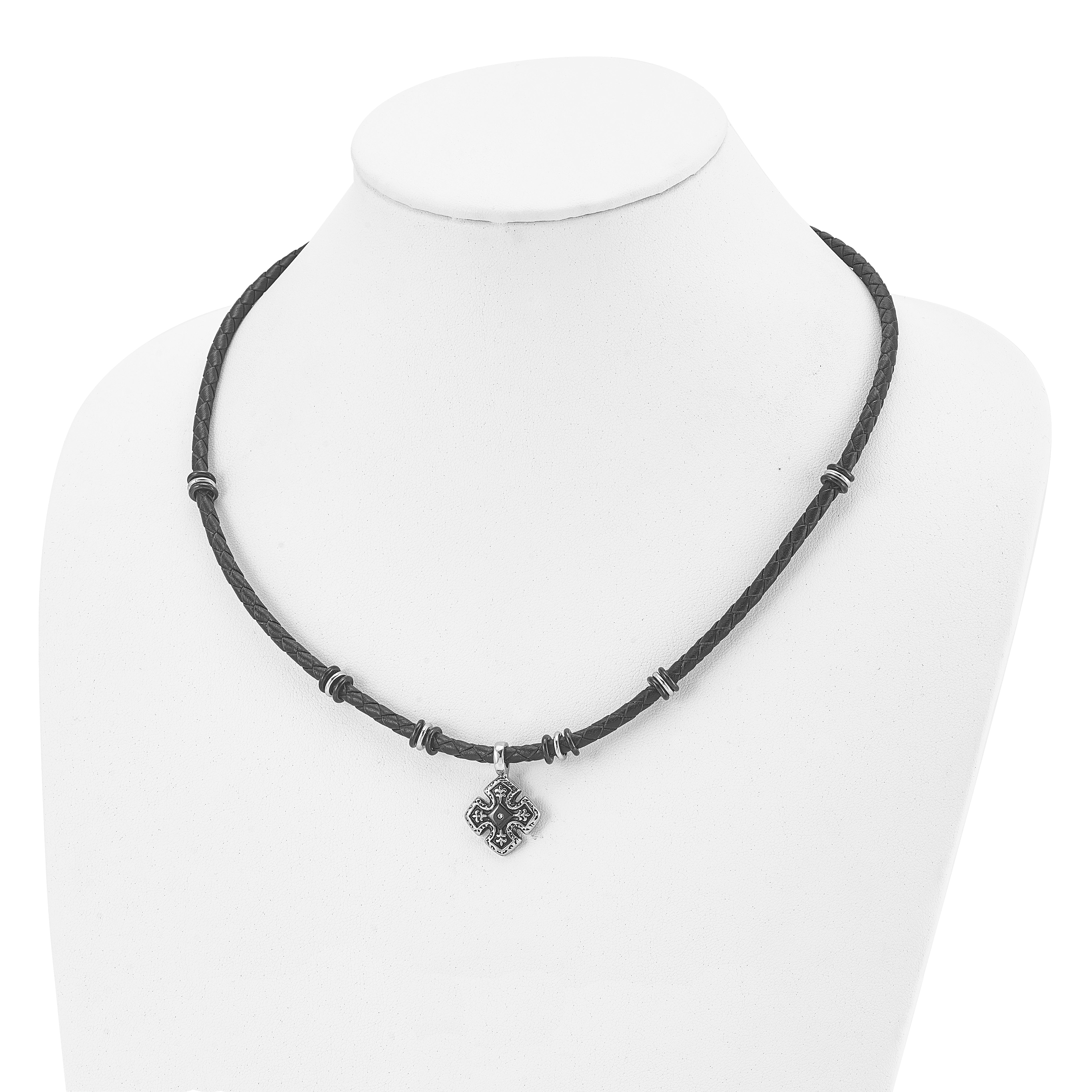 Chisel Stainless Steel Polished Black IP-plated with CZ Black Leather 21 inch Necklace