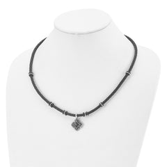 Chisel Stainless Steel Polished Black IP-plated with CZ Black Leather 21 inch Necklace