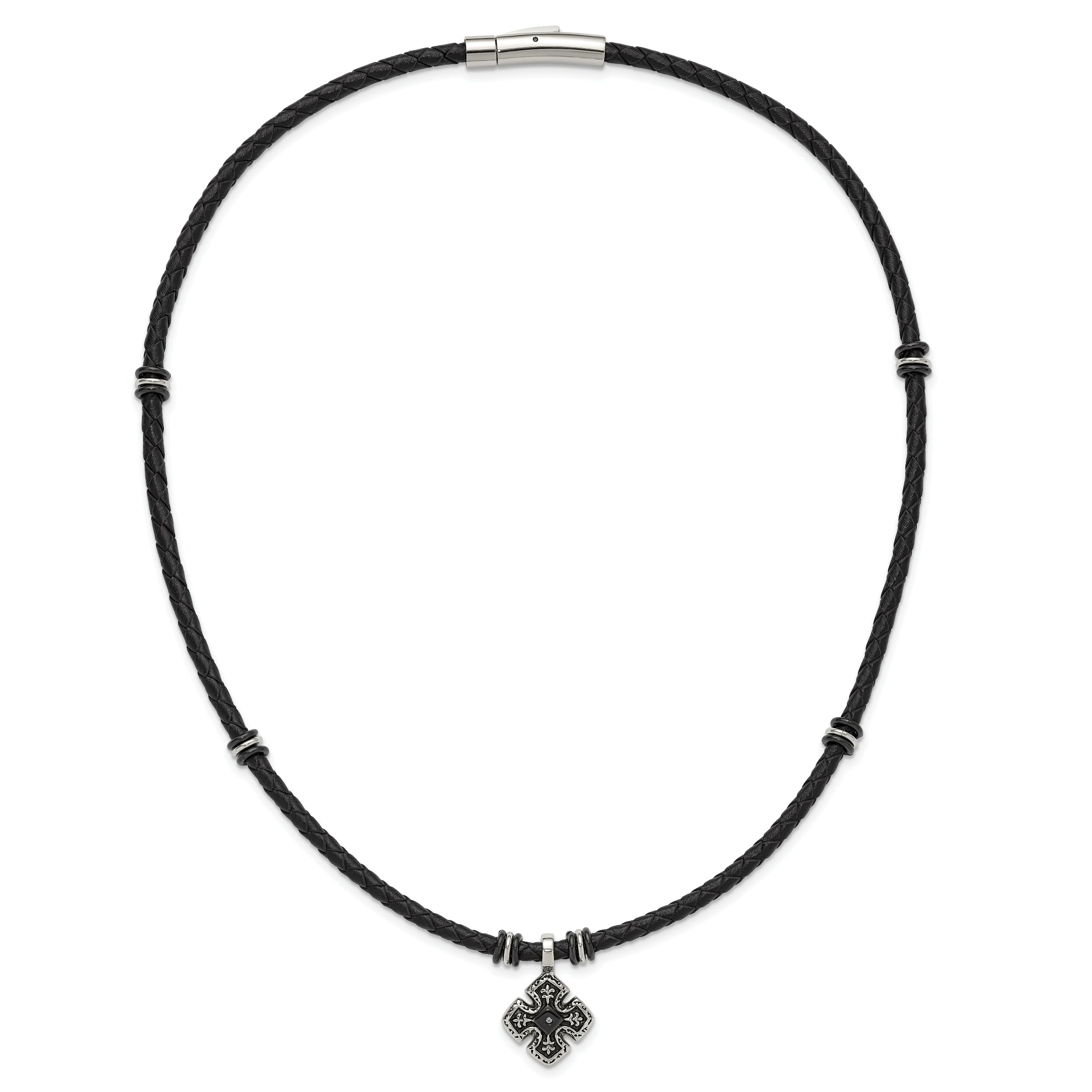 Chisel Stainless Steel Polished Black IP-plated with CZ Black Leather 21 inch Necklace