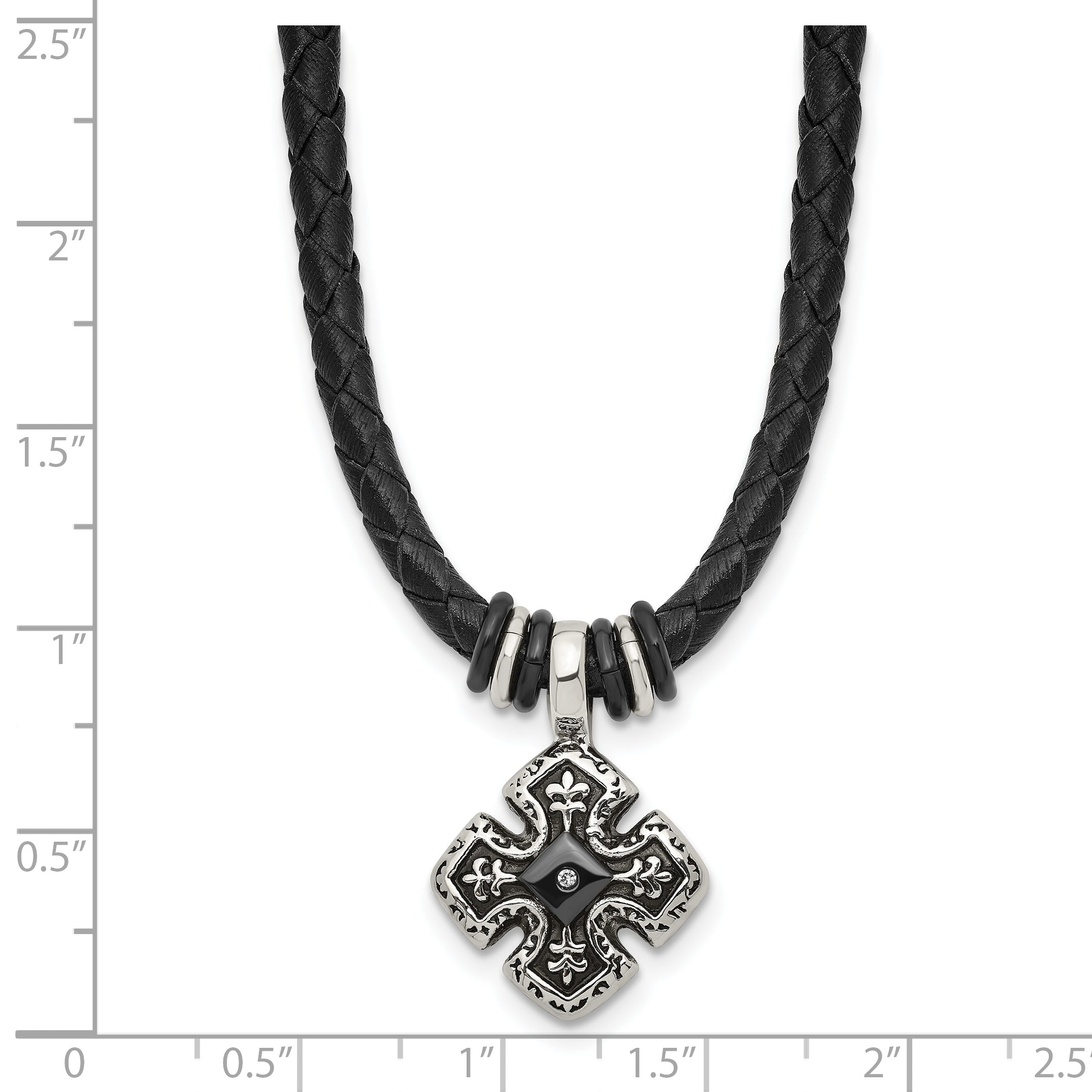 Chisel Stainless Steel Polished Black IP-plated with CZ Black Leather 21 inch Necklace