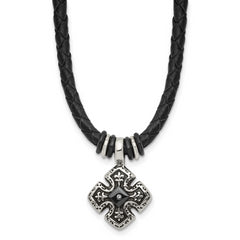 Chisel Stainless Steel Polished Black IP-plated with CZ Black Leather 21 inch Necklace