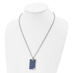 Chisel Stainless Steel Polished with Blue Carbon Fiber Inlay Rectangle Dog Tag on a 22 inch Cable Chain Necklace