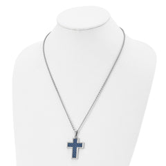 Chisel Stainless Steel Polished with Blue Carbon Fiber Inlay Cross Pendant on a 22 inch Cable Chain Necklace