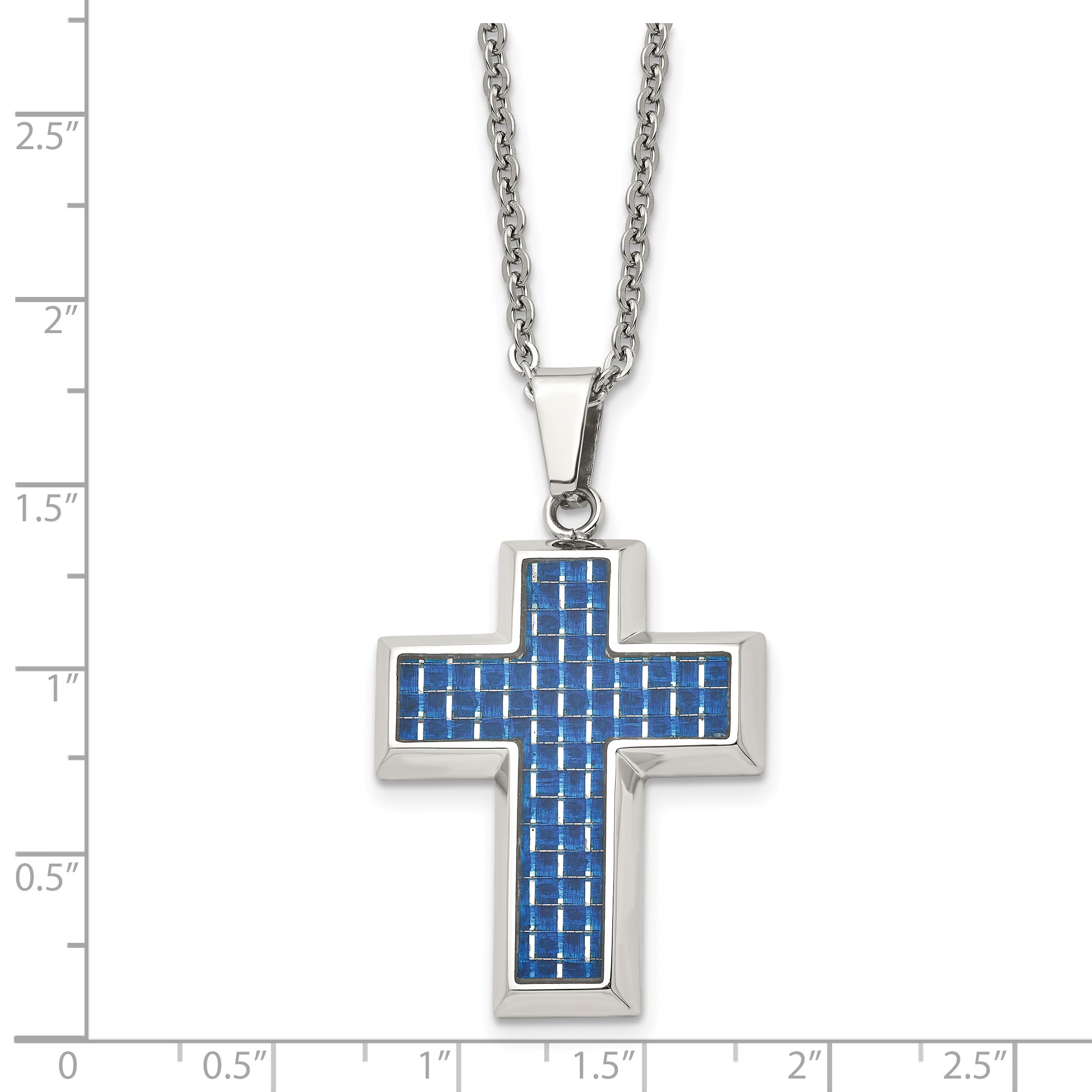 Chisel Stainless Steel Polished with Blue Carbon Fiber Inlay Cross Pendant on a 22 inch Cable Chain Necklace