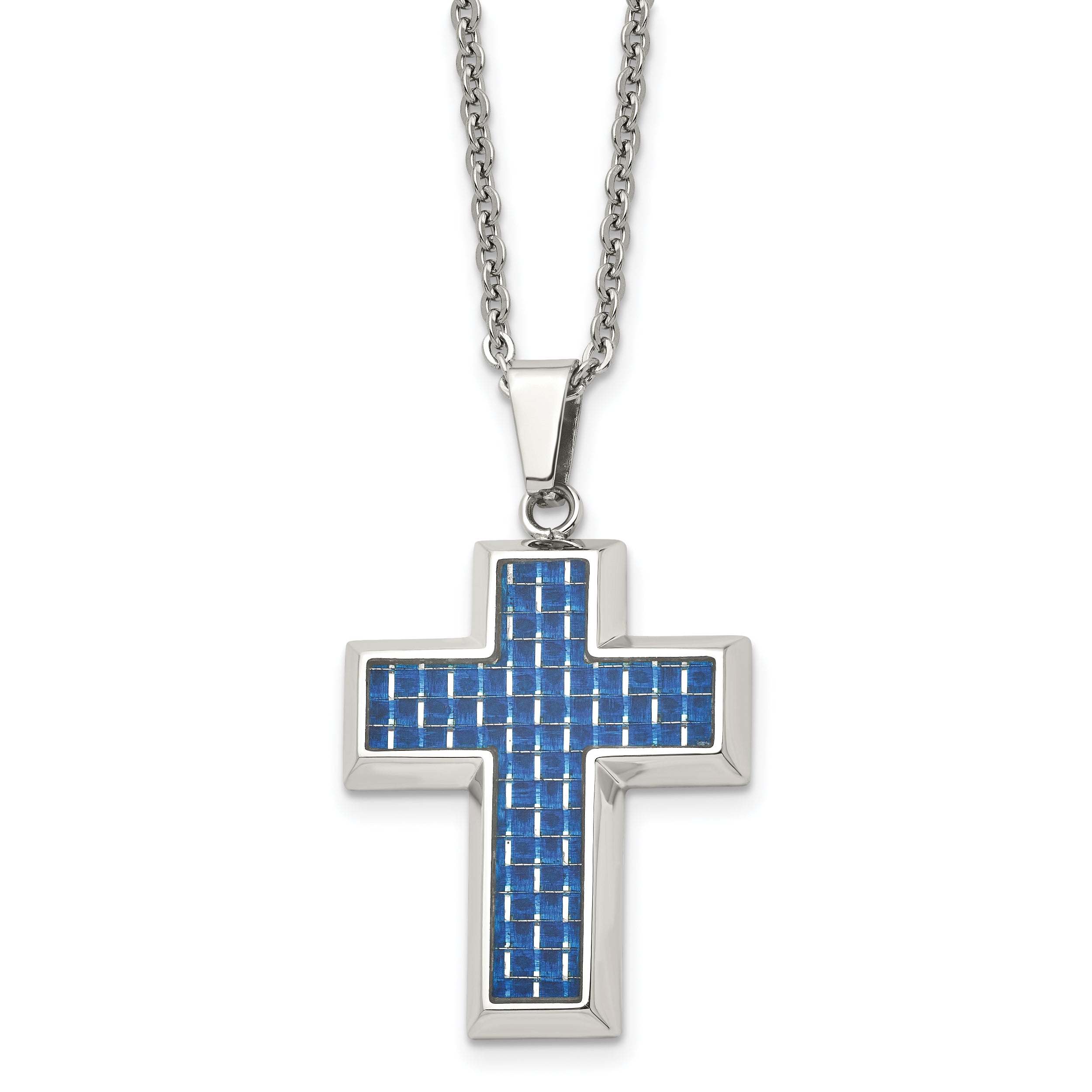 Chisel Stainless Steel Polished with Blue Carbon Fiber Inlay Cross Pendant on a 22 inch Cable Chain Necklace