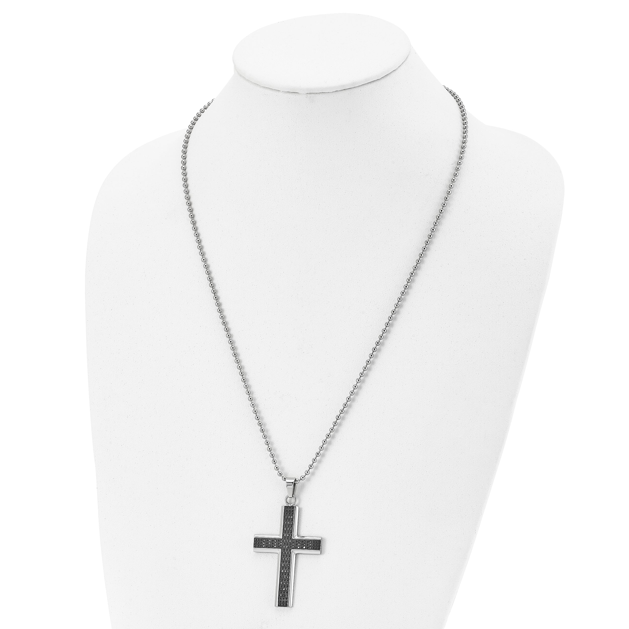 Chisel Stainless Steel Polished with Black Rhodium 1/2 carat Black Diamond Cross Pendant on a 24 inch Ball Chain Necklace