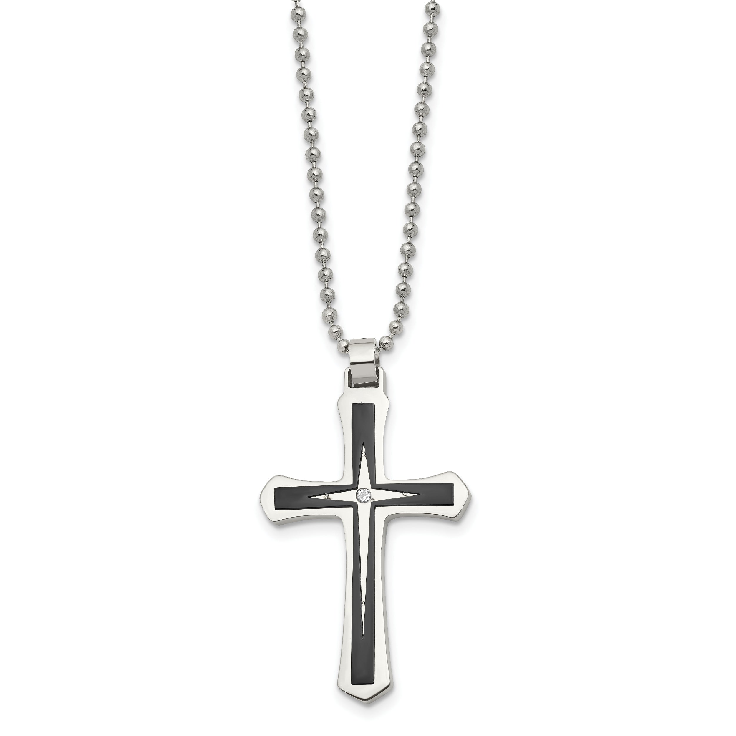 Chisel Stainless Steel Brushed and Polished Black IP-plated with CZ Cross Pendant on a 20 inch Ball Chain Necklace