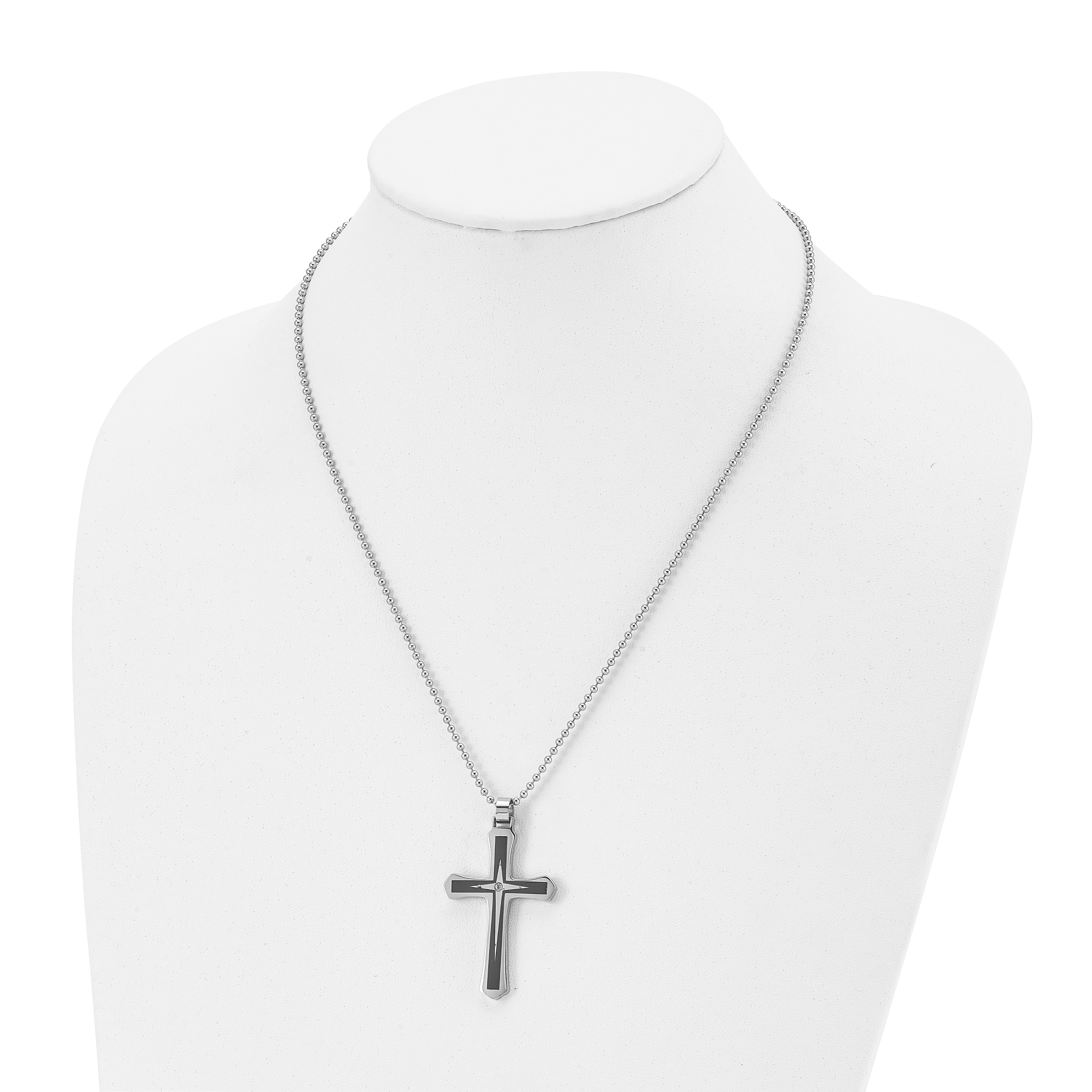 Chisel Stainless Steel Brushed and Polished Black IP-plated with CZ Cross Pendant on a 20 inch Ball Chain Necklace