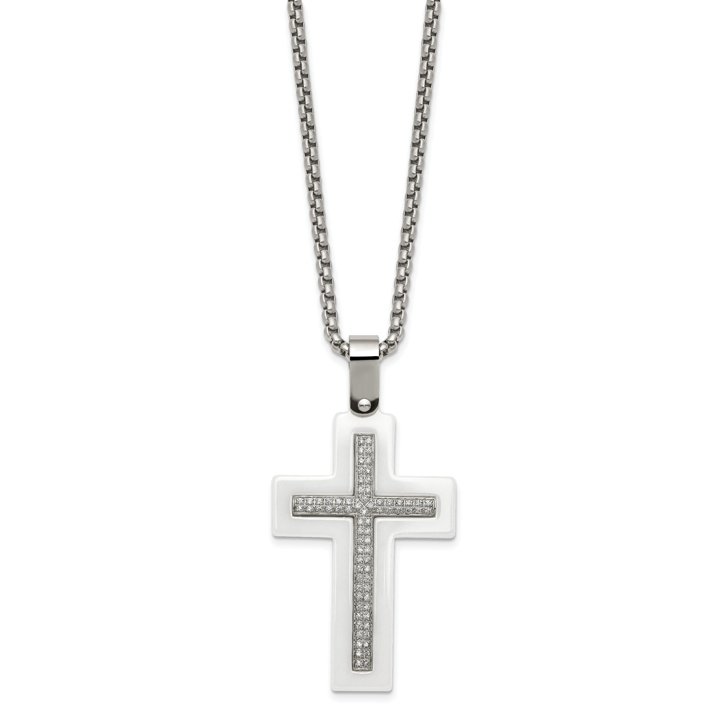 Stainless Steel Polished White Ceramic w/CZ Cross 23.75in Necklace