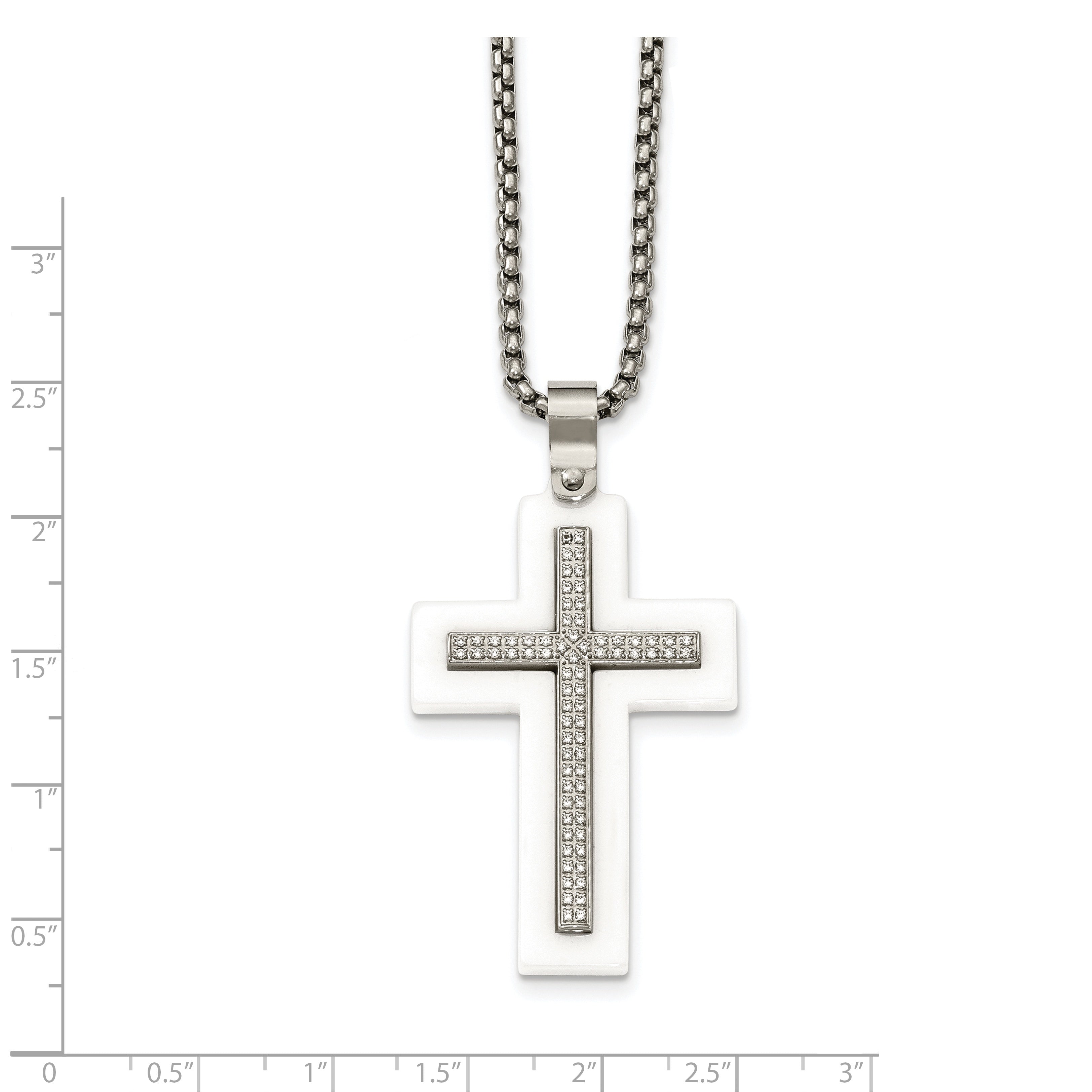 Stainless Steel Polished White Ceramic w/CZ Cross 23.75in Necklace