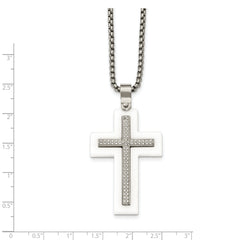 Stainless Steel Polished White Ceramic w/CZ Cross 23.75in Necklace