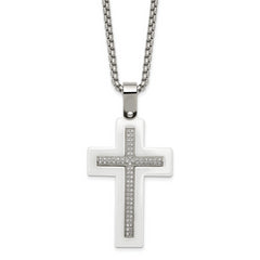 Stainless Steel Polished White Ceramic w/CZ Cross 23.75in Necklace