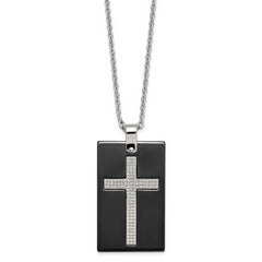 Stainless Steel Polished Black Ceramic w/CZ Cross Dog Tag 24in Necklace