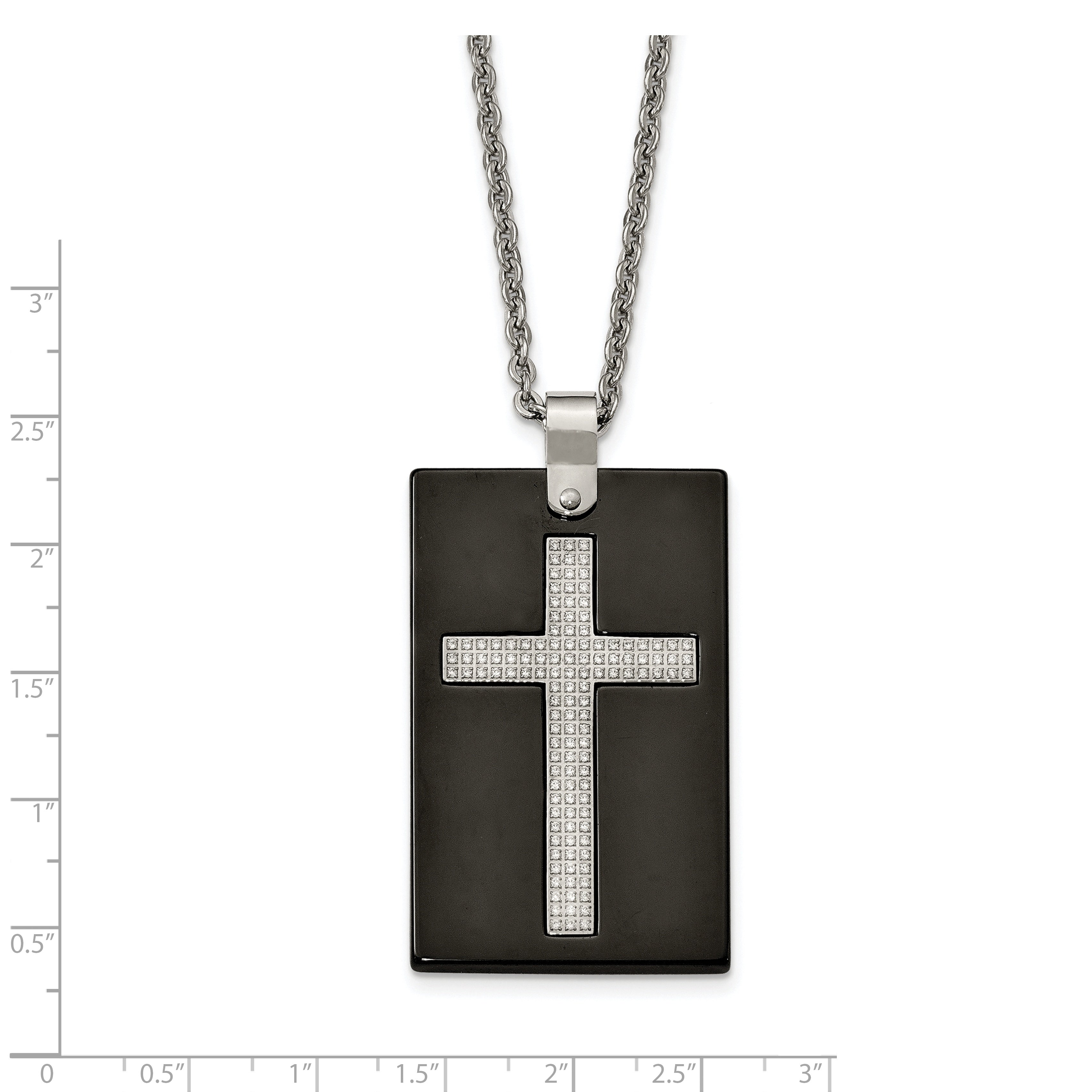 Stainless Steel Polished Black Ceramic w/CZ Cross Dog Tag 24in Necklace