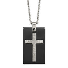 Stainless Steel Polished Black Ceramic w/CZ Cross Dog Tag 24in Necklace