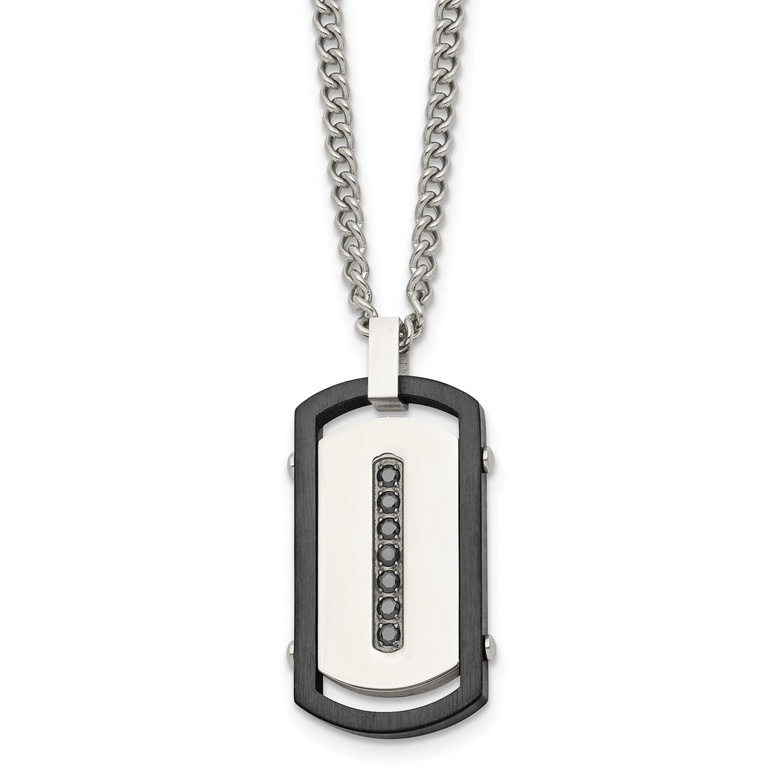 Stainless Steel Brushed/Polished Black IP Rim w/Black CZ Dog Tag Necklace