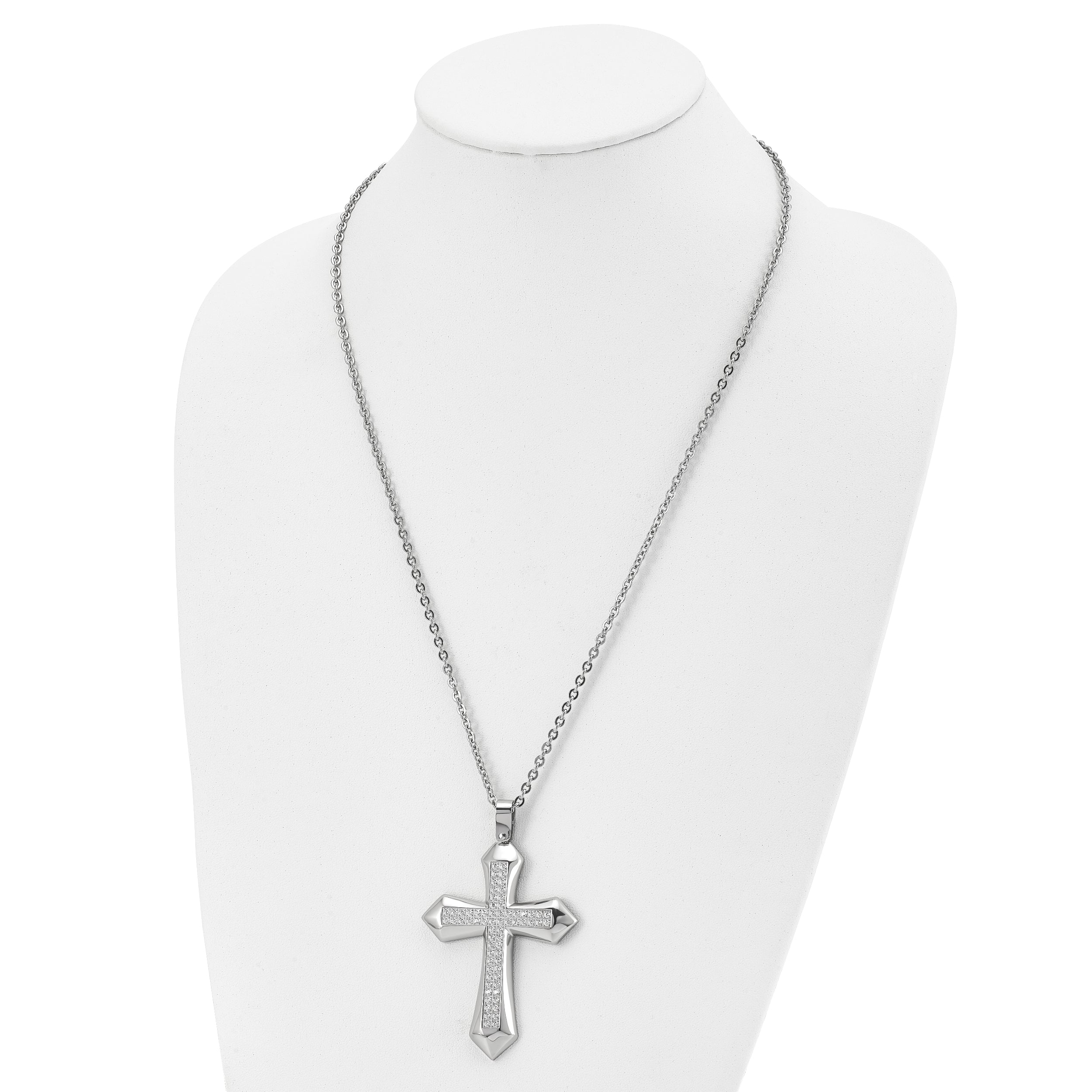 Chisel Stainless Steel Polished with CZ Cross Pendant on a 24 inch Curb Chain Necklace