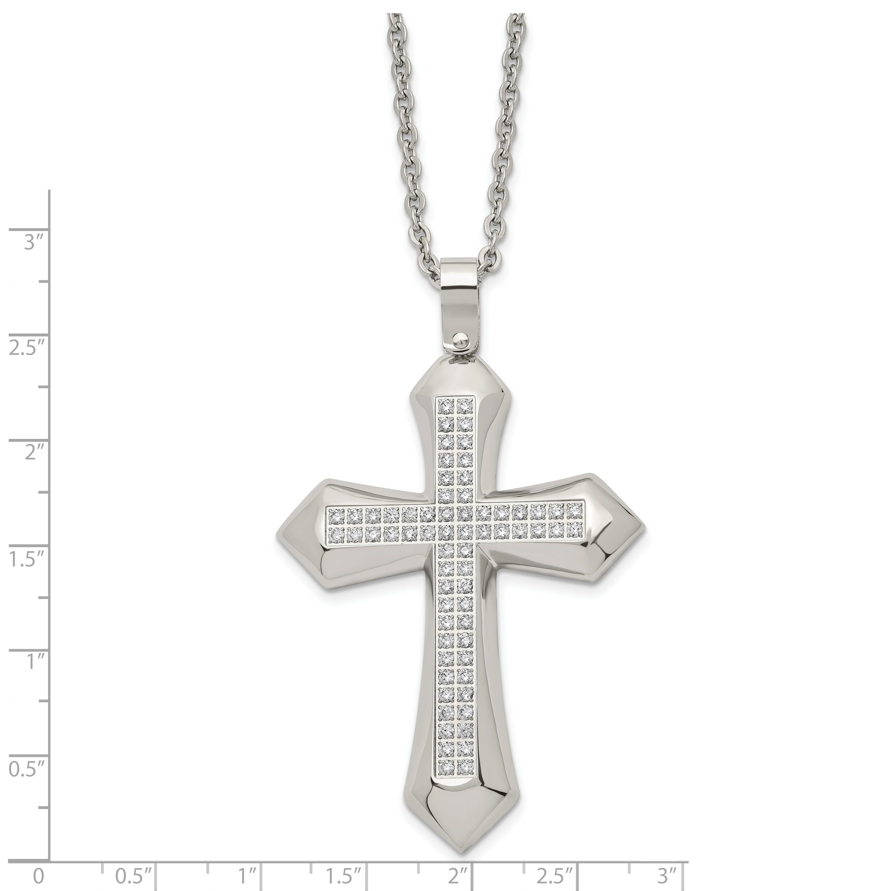 Chisel Stainless Steel Polished with CZ Cross Pendant on a 24 inch Curb Chain Necklace