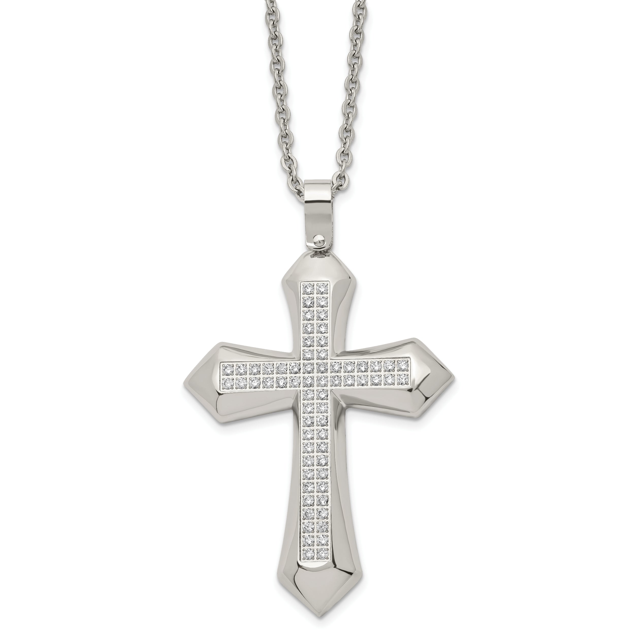 Chisel Stainless Steel Polished with CZ Cross Pendant on a 24 inch Curb Chain Necklace