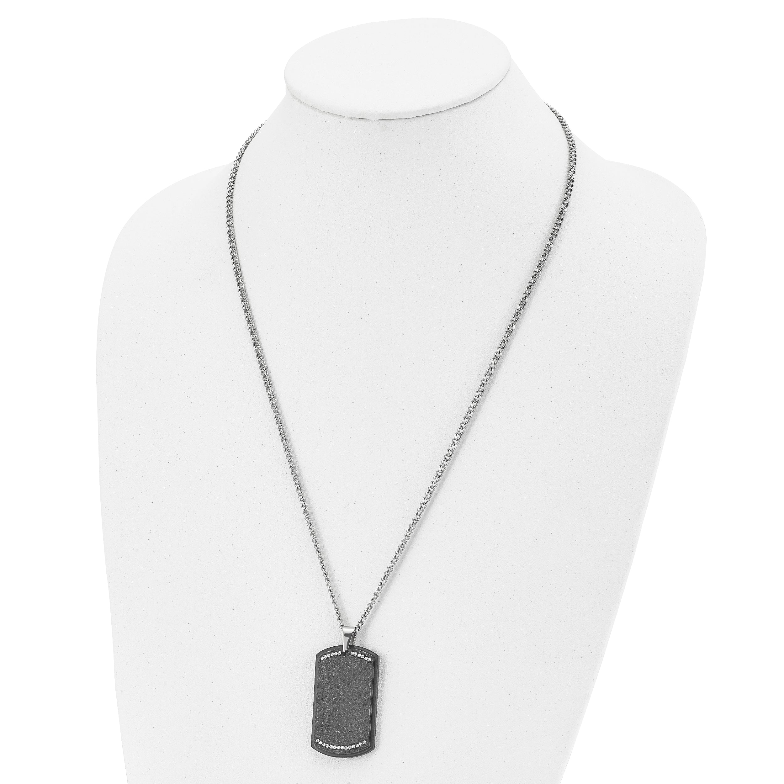 Chisel Stainless Steel Brushed Laser Cut Black IP-plated with CZ Dog Tag on a 24 inch Curb Chain Necklace