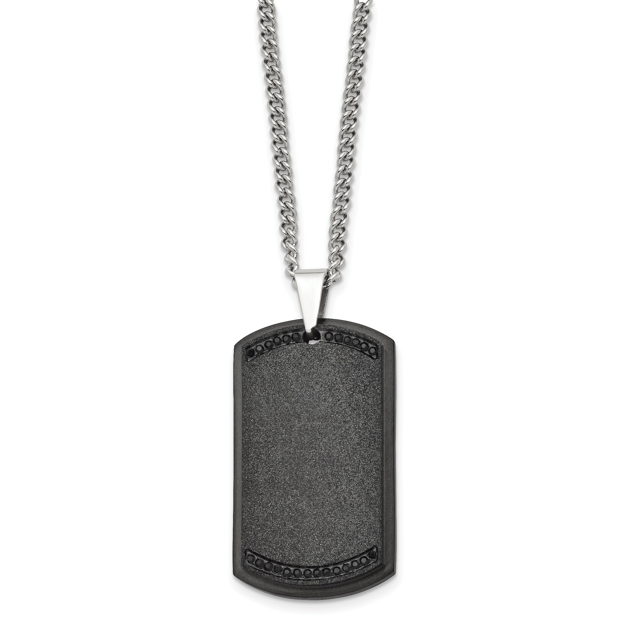 Chisel Stainless Steel Brushed Laser Cut Black IP-plated with Black CZ Dog Tag on a 24 inch Curb Chain Necklace