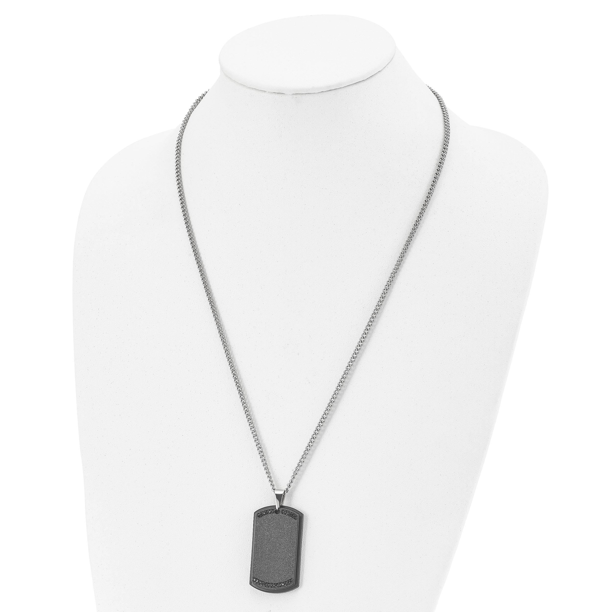 Chisel Stainless Steel Brushed Laser Cut Black IP-plated with Black CZ Dog Tag on a 24 inch Curb Chain Necklace