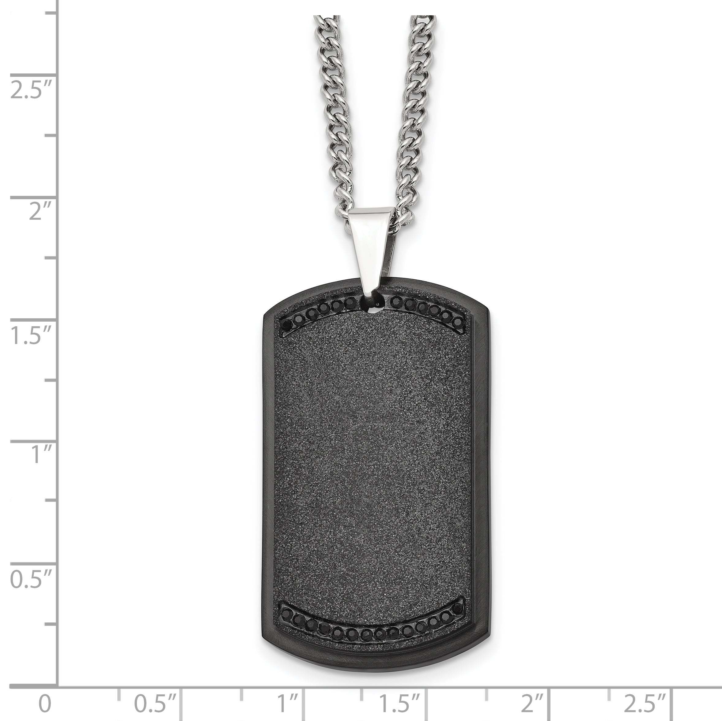 Chisel Stainless Steel Brushed Laser Cut Black IP-plated with Black CZ Dog Tag on a 24 inch Curb Chain Necklace