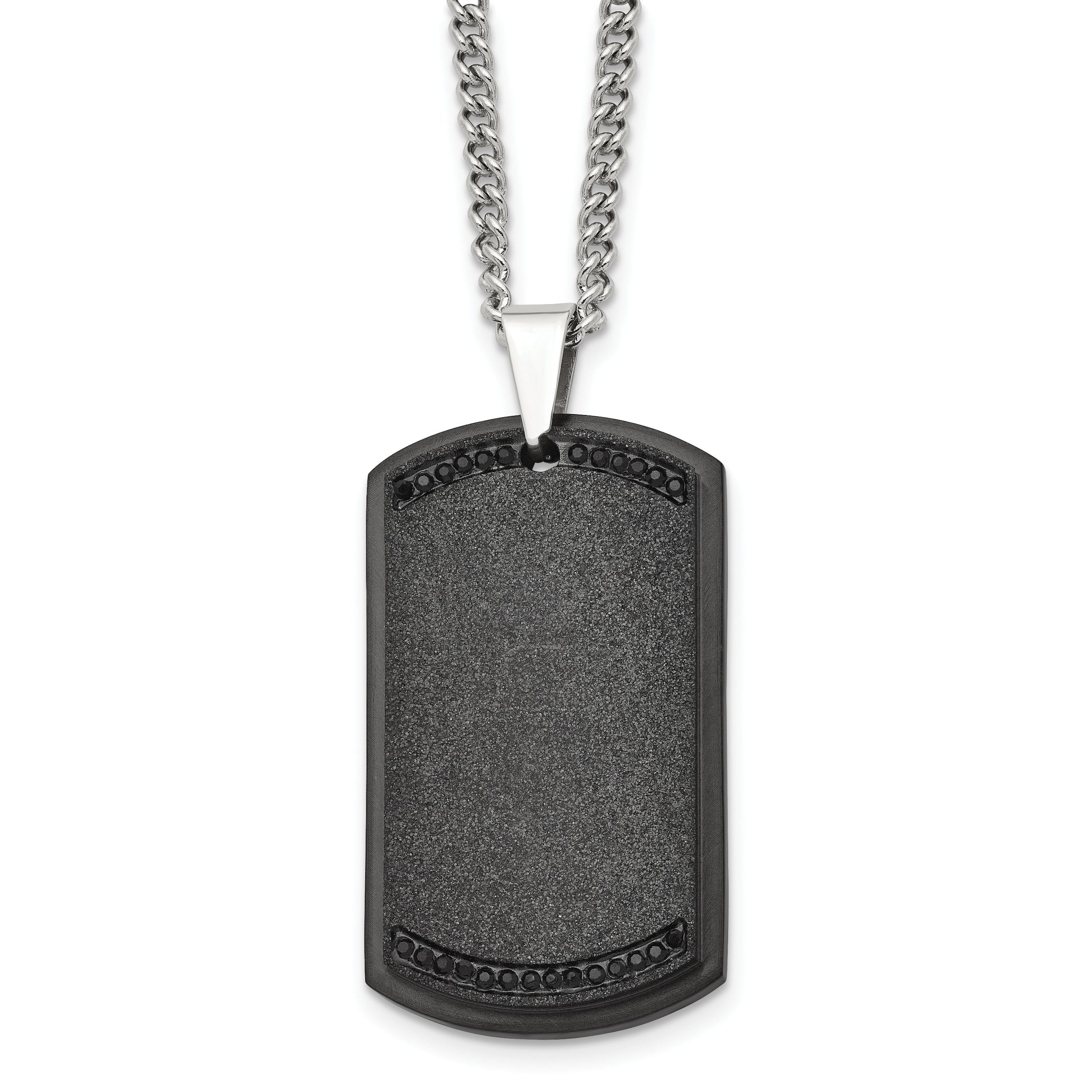 Chisel Stainless Steel Brushed Laser Cut Black IP-plated with Black CZ Dog Tag on a 24 inch Curb Chain Necklace