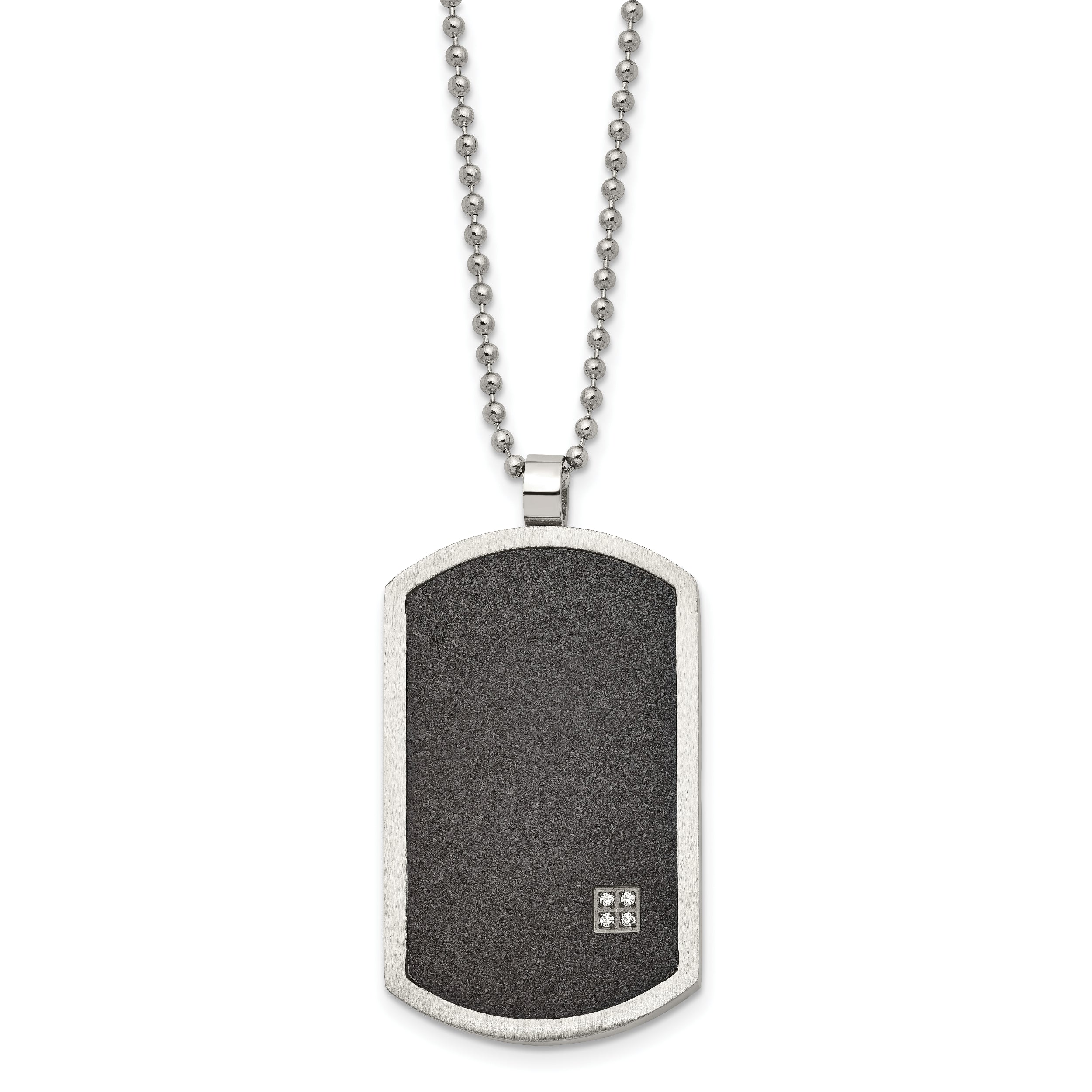 Chisel Stainless Steel Brushed Laser Cut Black IP-plated with CZ Dog Tag on a 24 inch Ball Chain Necklace