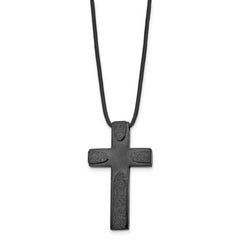 Stainless Steel Brushed LaserCut Blk IP Cross 20in Leather Cord Necklace