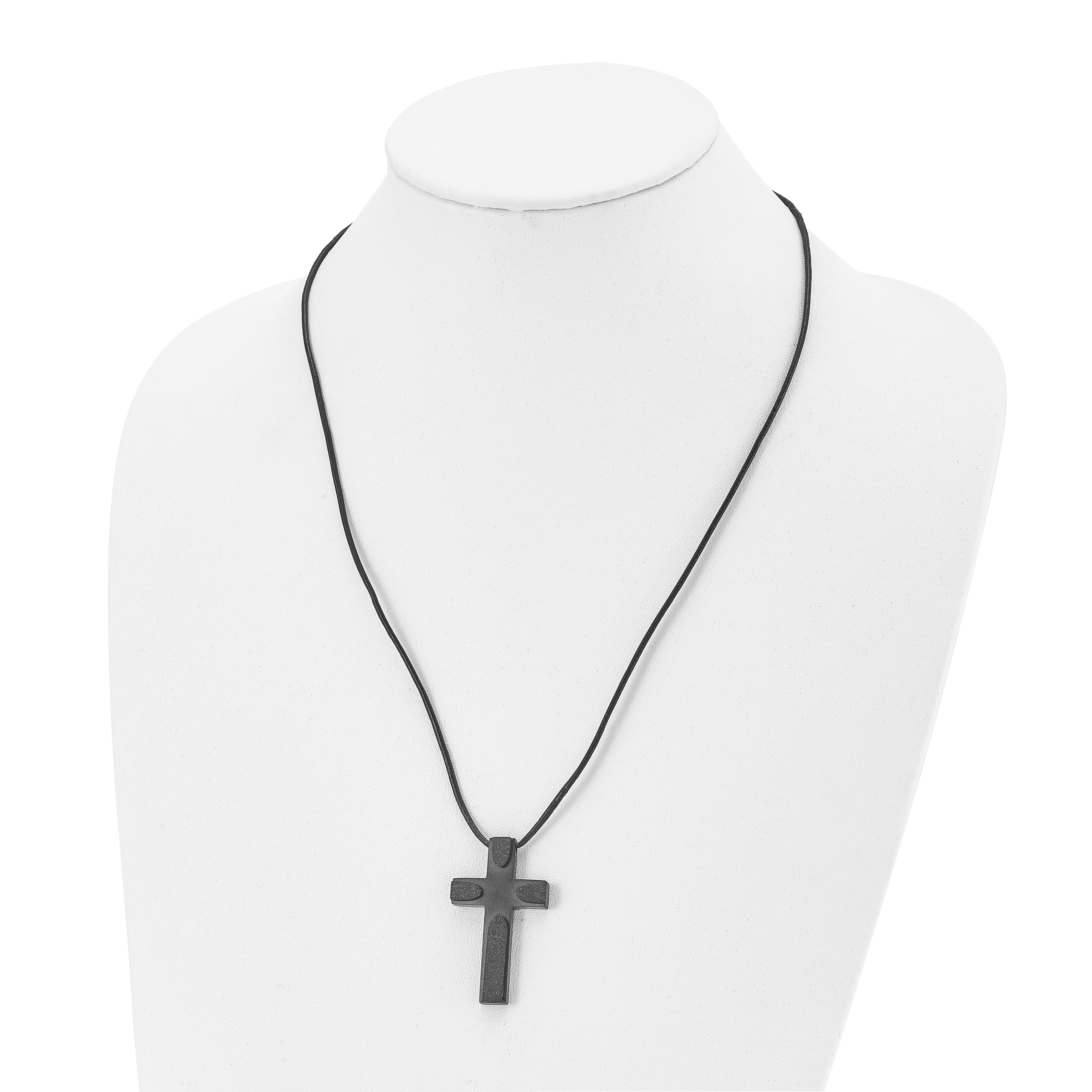 Stainless Steel Brushed LaserCut Blk IP Cross 20in Leather Cord Necklace