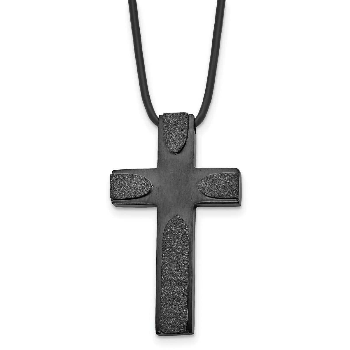 Stainless Steel Brushed LaserCut Blk IP Cross 20in Leather Cord Necklace