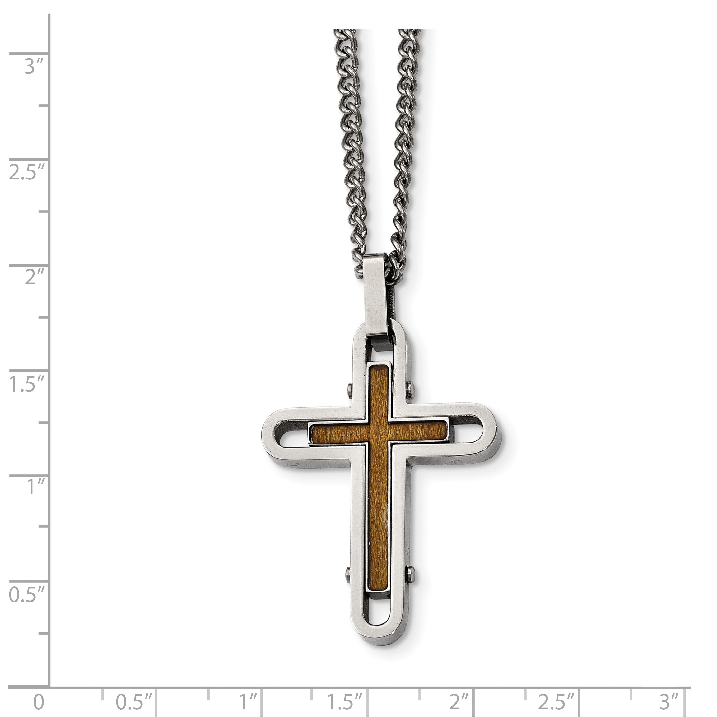 Stainless Steel Polished Wood with Enamel Overlay Cross 24in Necklace