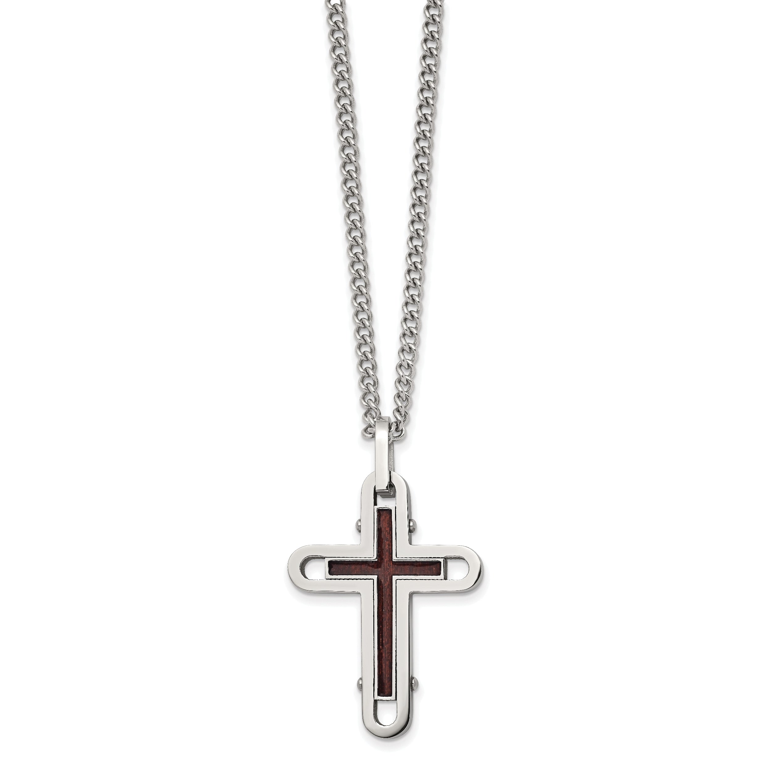 Stainless Steel Polished Wood with Enamel Overlay Cross 24in Necklace