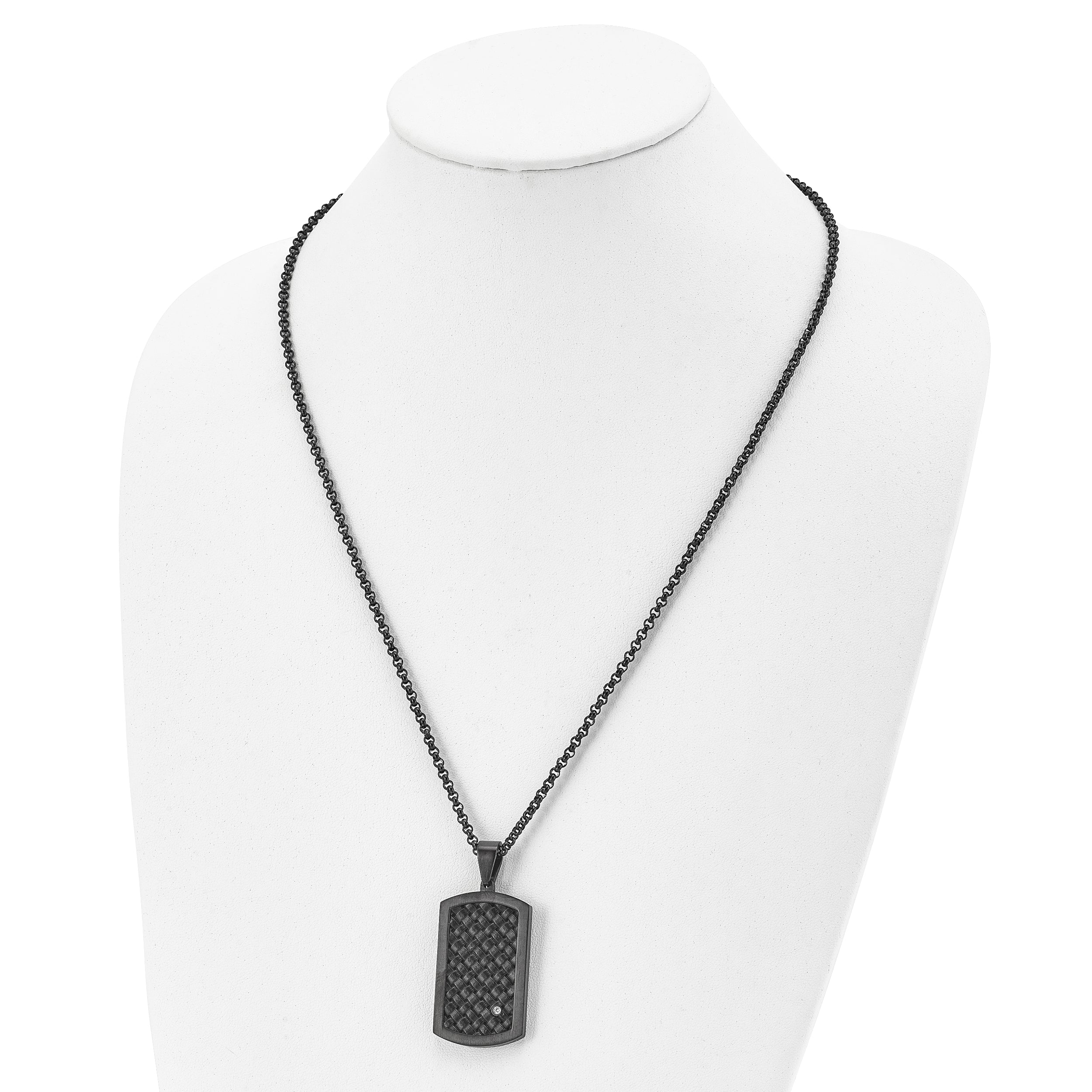 Stainless Steel Brushed Black IP w/Black Leather & CZ Dog Tag Necklace