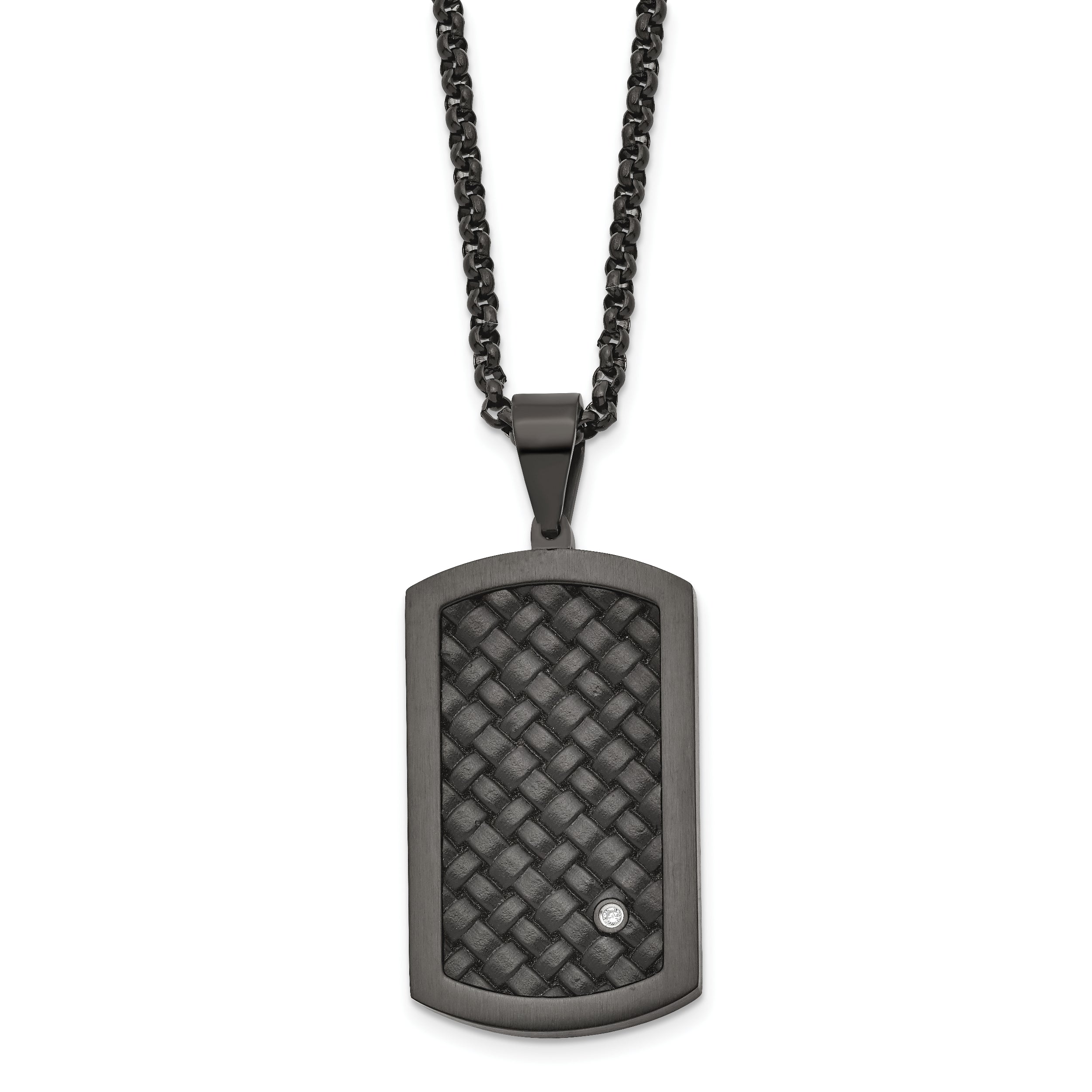 Stainless Steel Brushed Black IP w/Black Leather & CZ Dog Tag Necklace