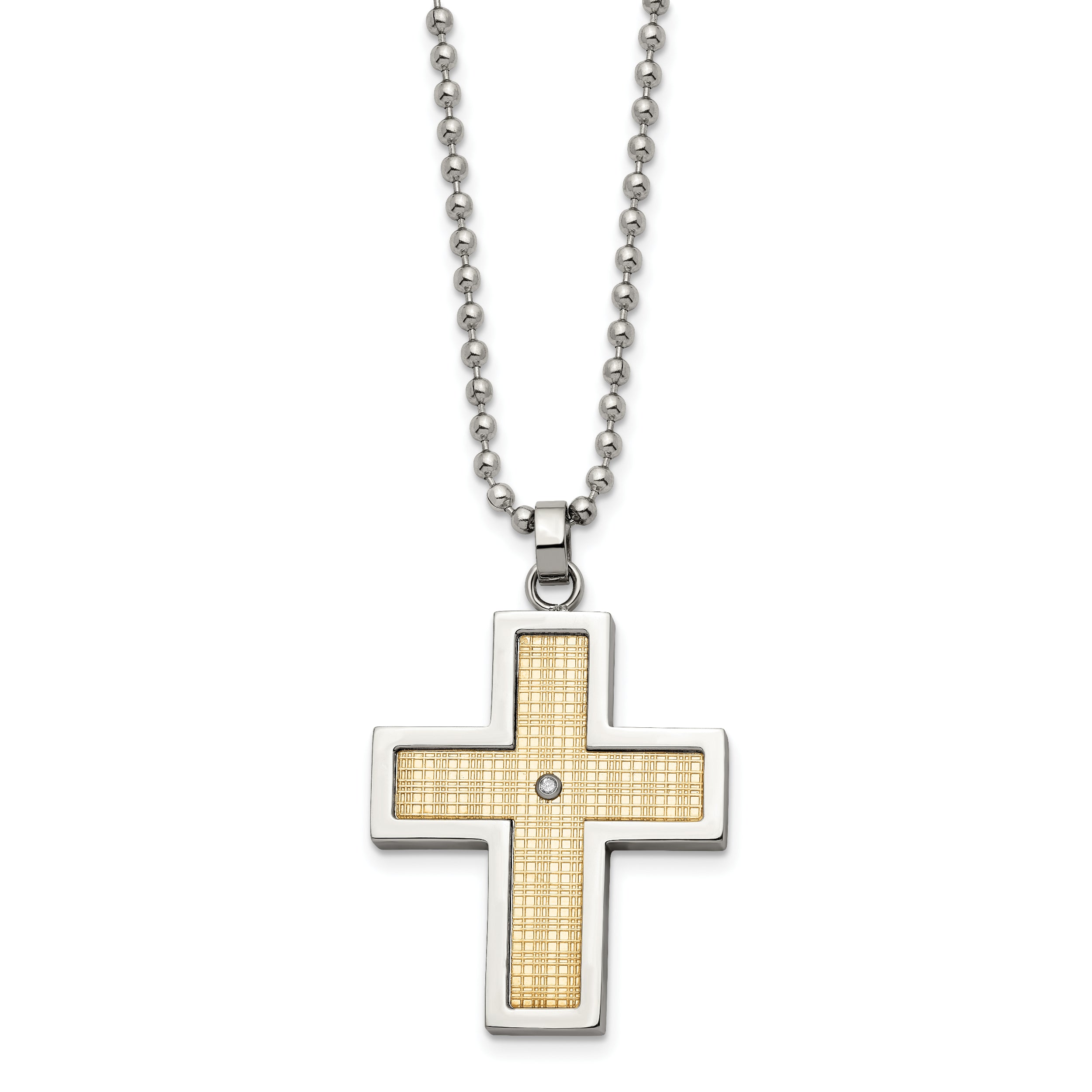 Chisel Stainless Steel Polished with 18k Gold Accent .02 carat Diamond Cross Pendant on a 24 inch Ball Chain Necklace