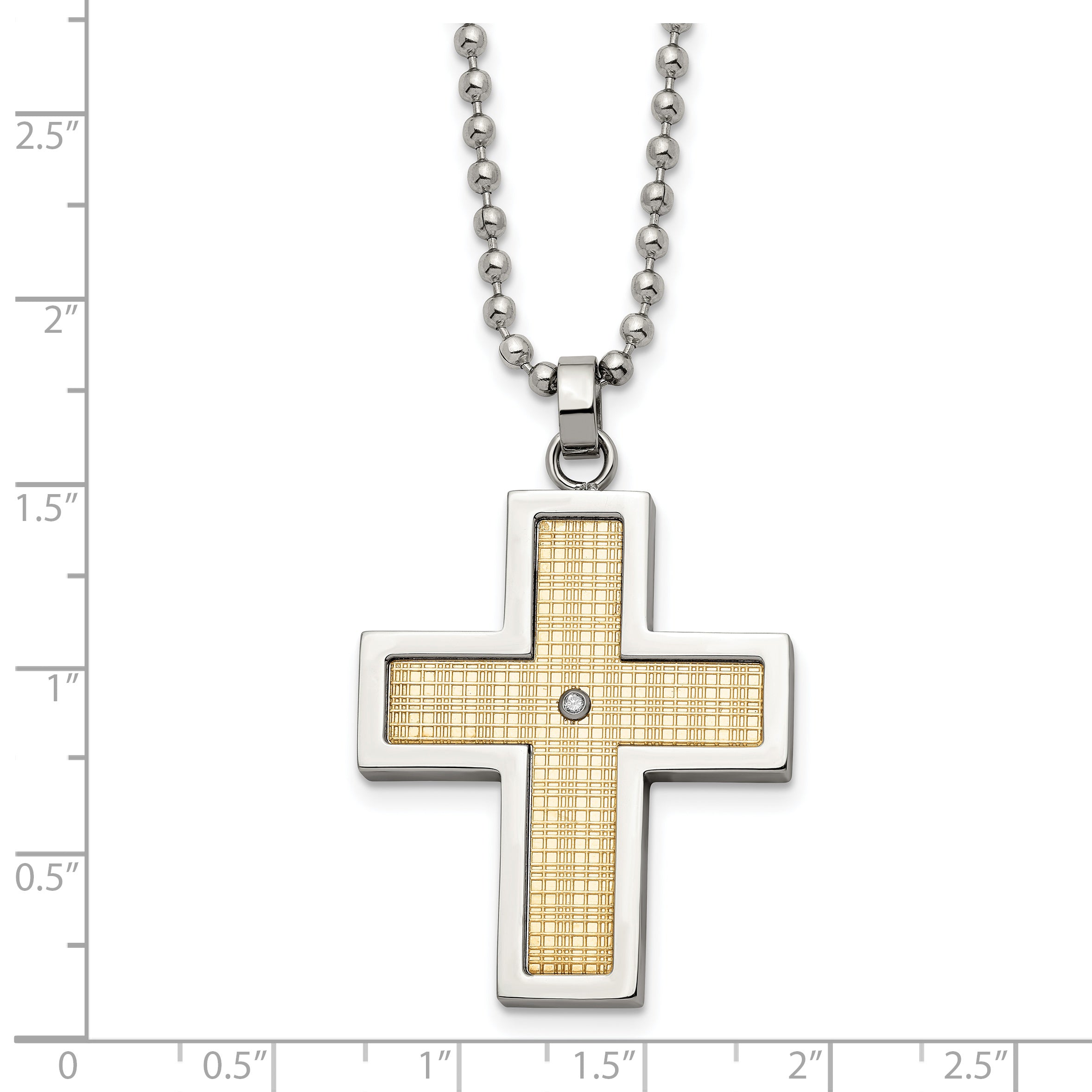 Chisel Stainless Steel Polished with 18k Gold Accent .02 carat Diamond Cross Pendant on a 24 inch Ball Chain Necklace