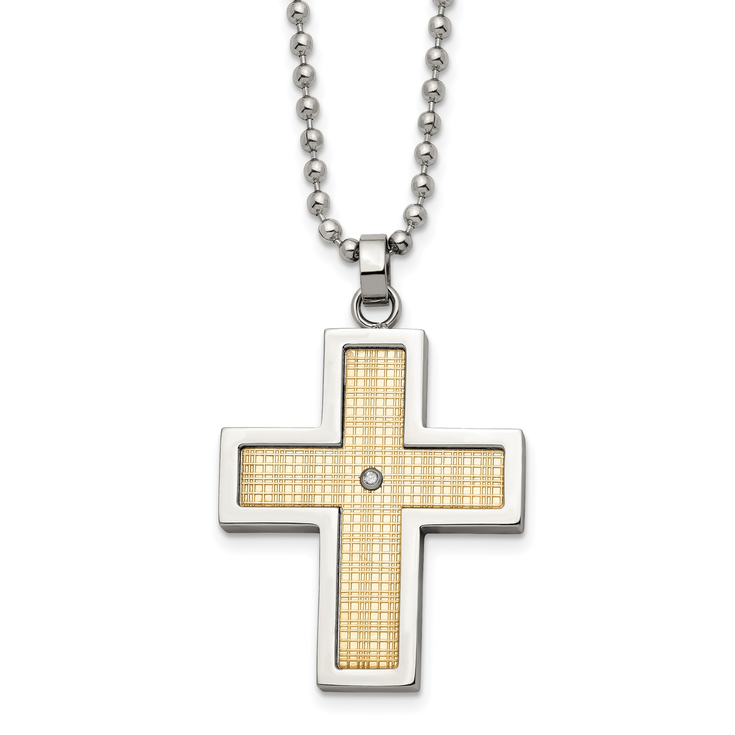 Chisel Stainless Steel Polished with 18k Gold Accent .02 carat Diamond Cross Pendant on a 24 inch Ball Chain Necklace