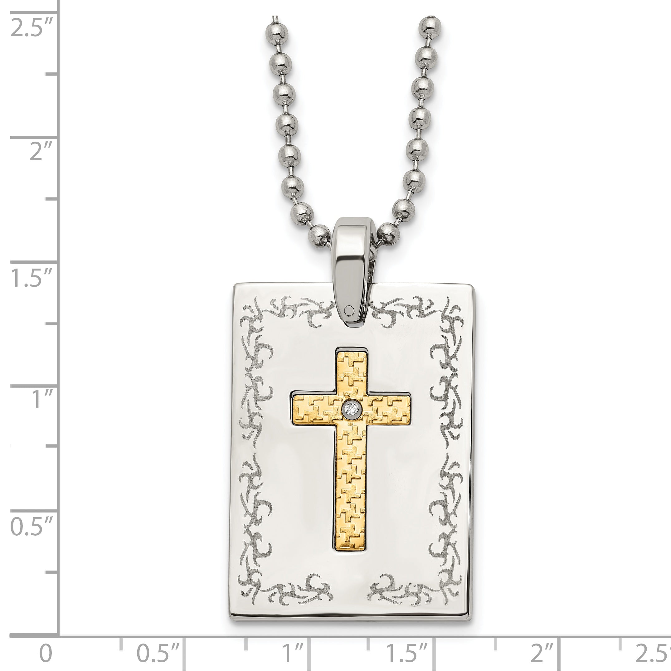 Stainless Steel w/18k Polished Laser Etched w/.01ct Dia Cross Necklace