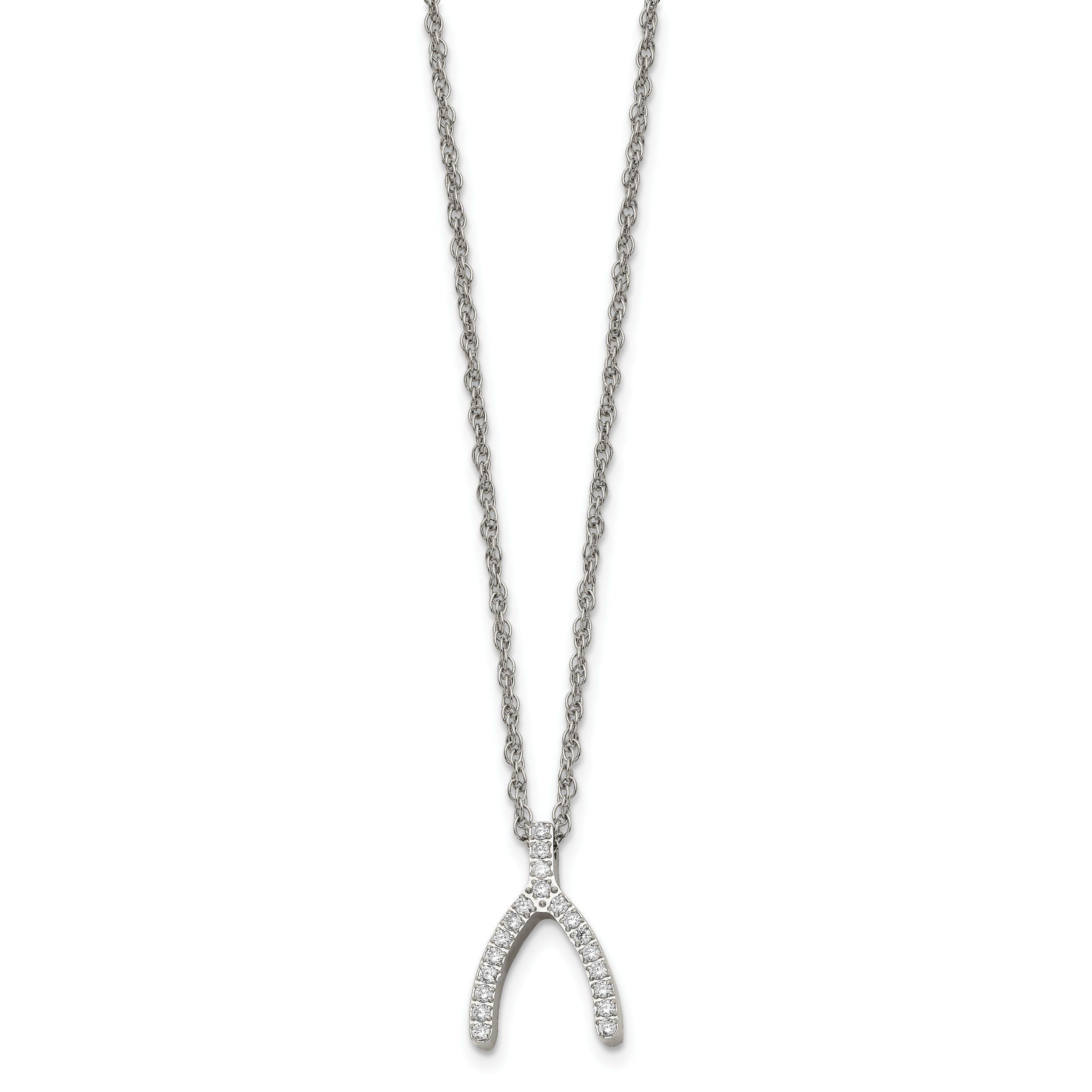 Stainless Steel Polished CZ Wishbone 15.5in Necklace