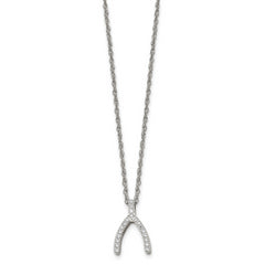 Stainless Steel Polished CZ Wishbone 15.5in Necklace