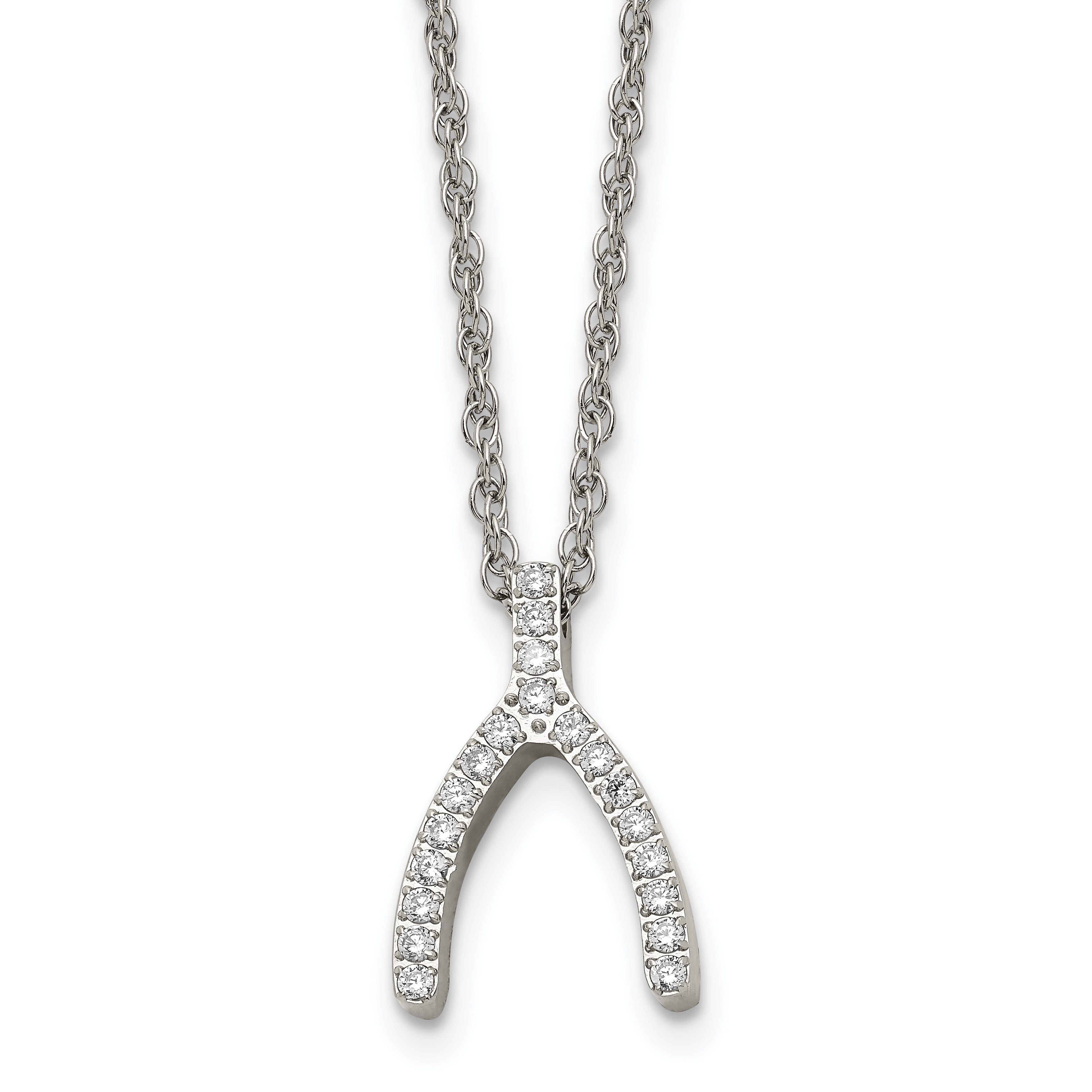 Stainless Steel Polished CZ Wishbone 15.5in Necklace