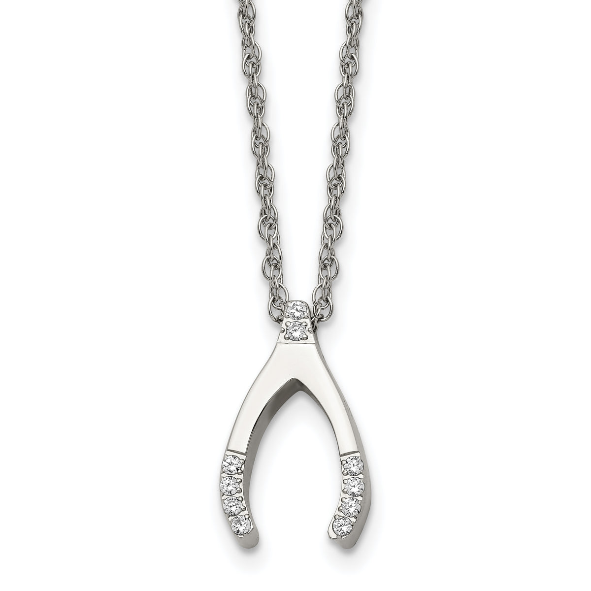 Chisel Stainless Steel Polished with CZ Wishbone on a 15.5 inch Multi-Link Chain Necklace