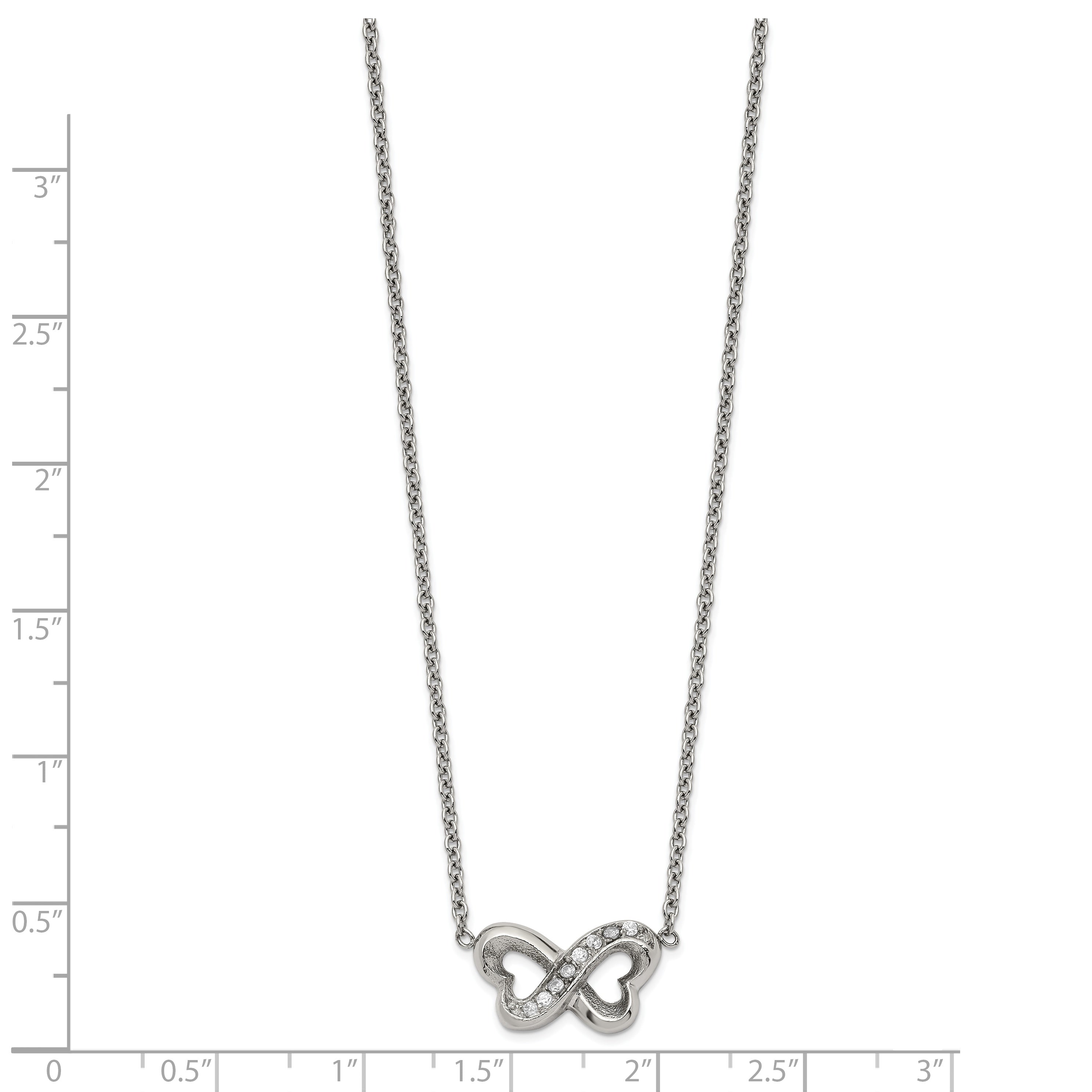 Stainless Steel Polished CZ Interlocking Hearts 15.5in w/2in ext Necklace