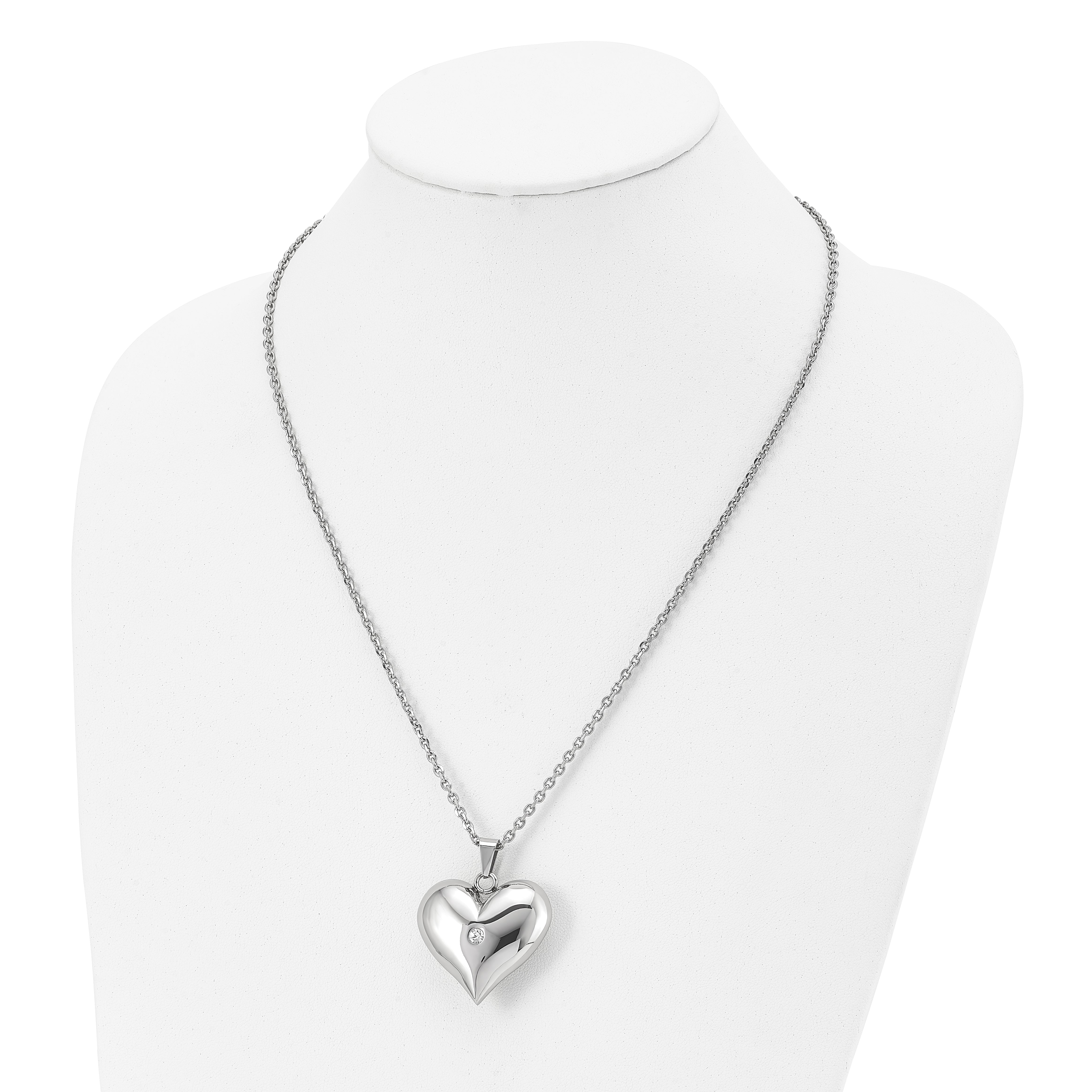 Stainless Steel Polished w/Crystal Heart 22in Necklace