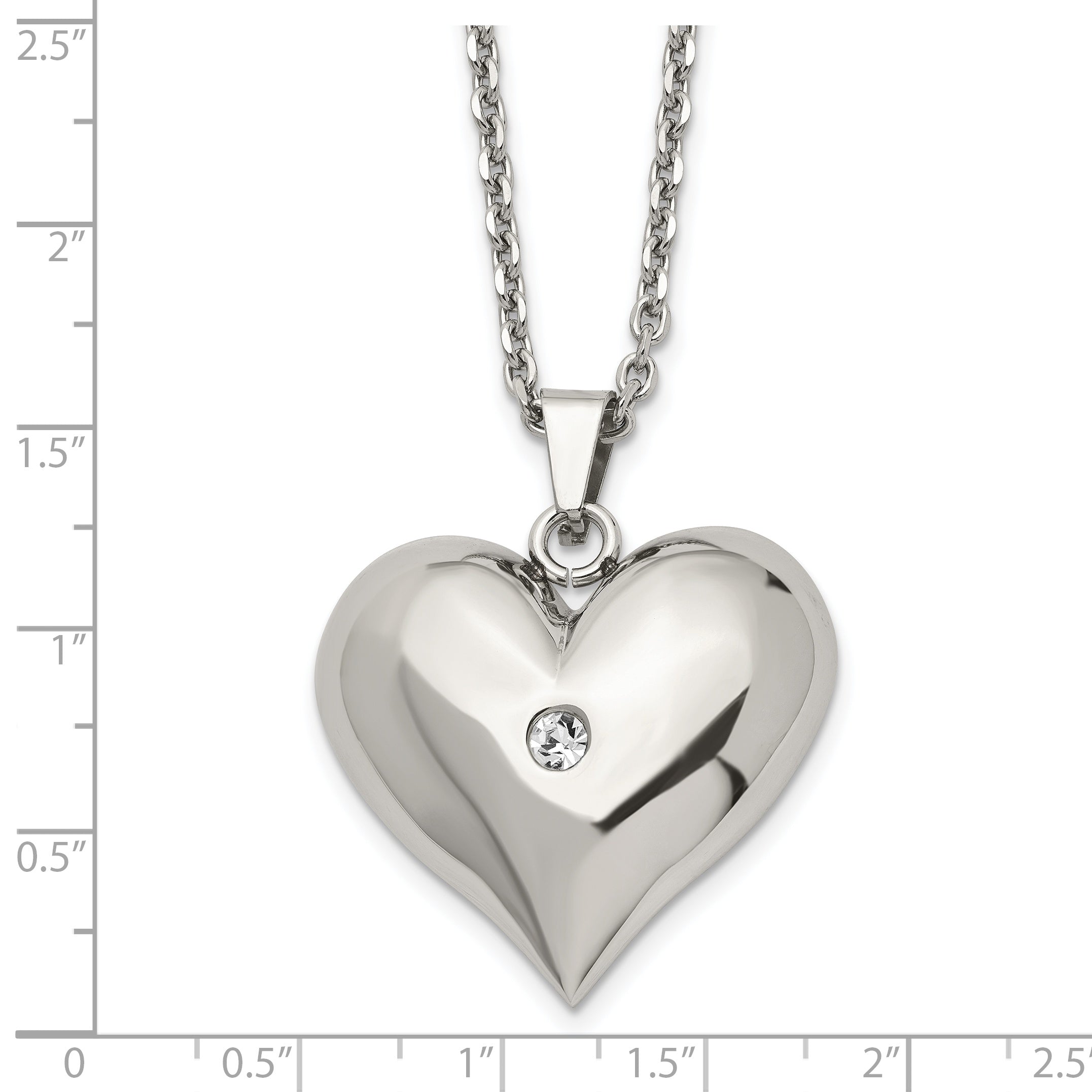 Stainless Steel Polished w/Crystal Heart 22in Necklace