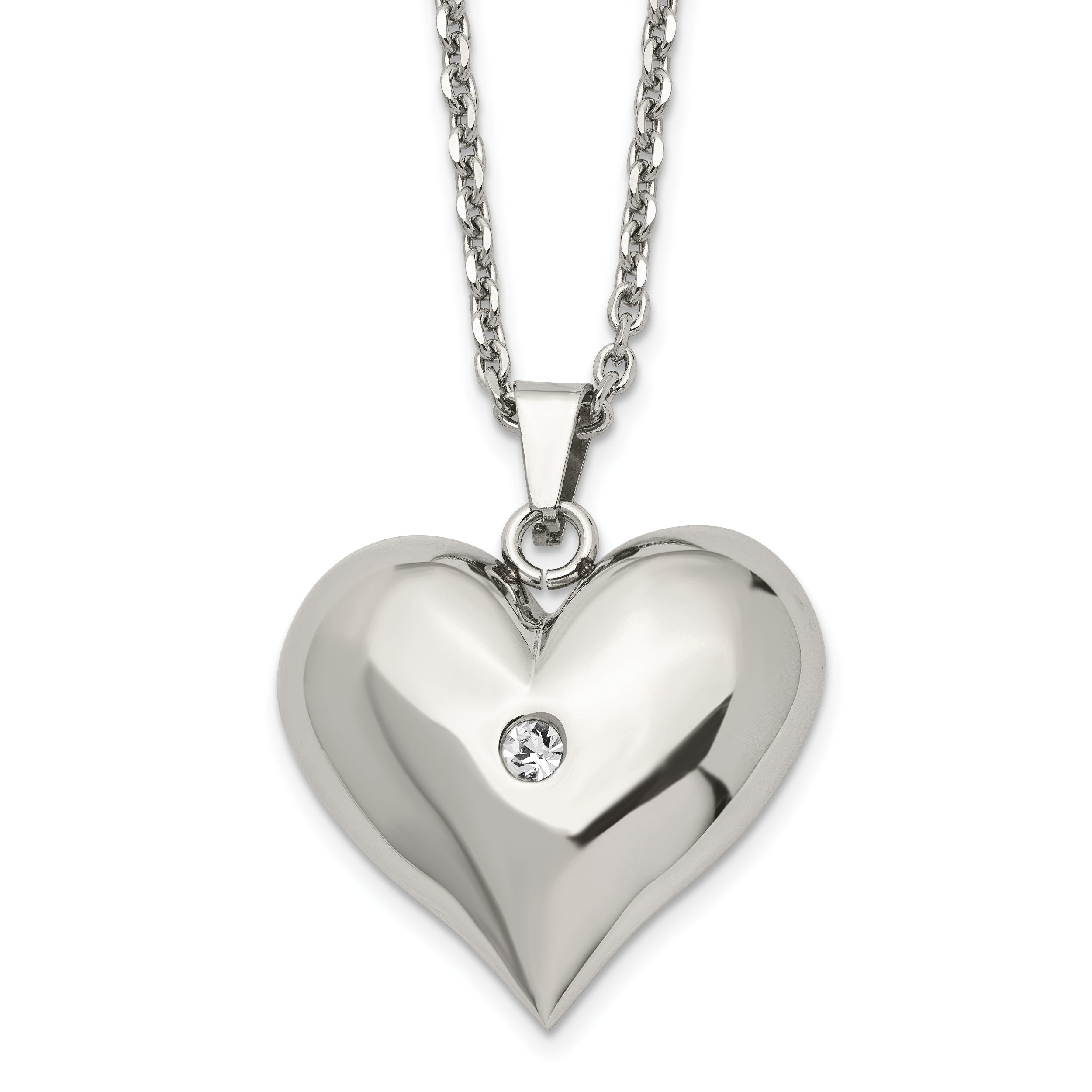 Stainless Steel Polished w/Crystal Heart 22in Necklace